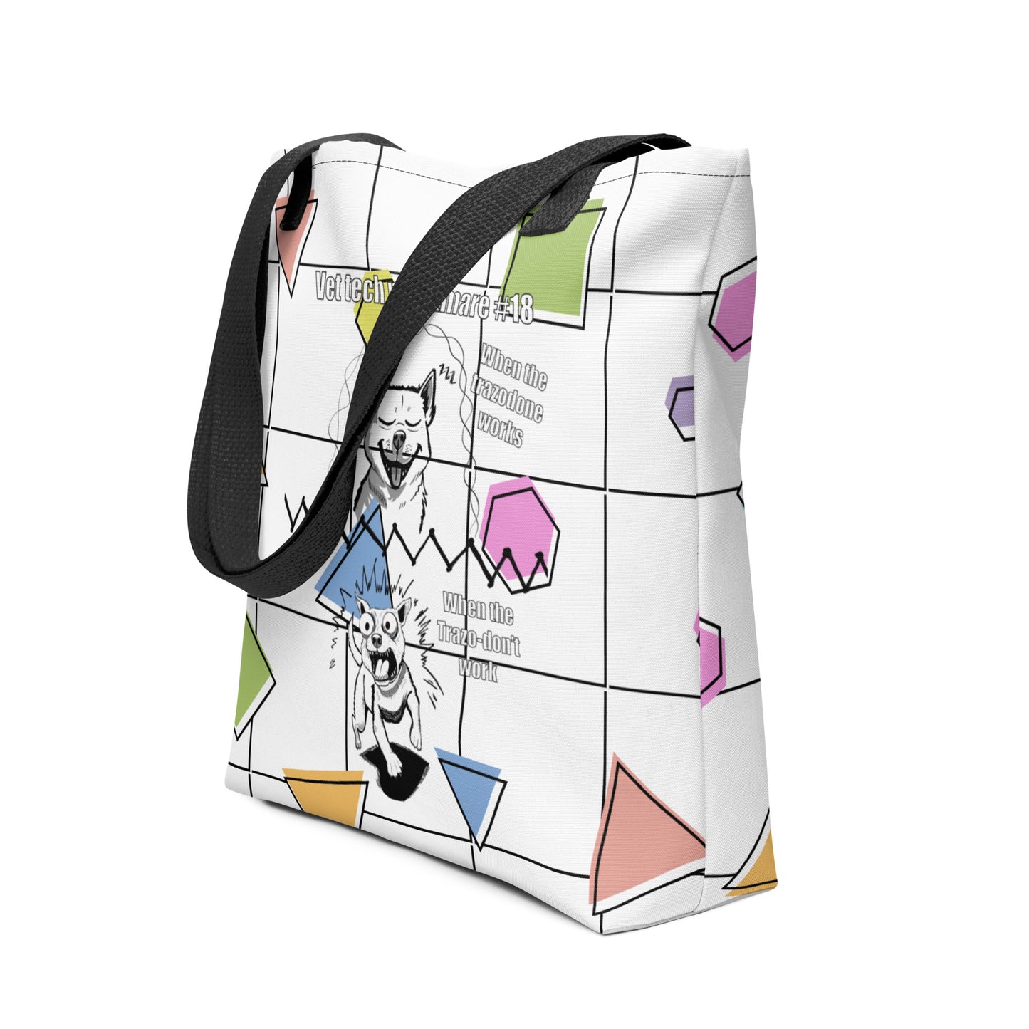 Side angle view of the Vet Tech Nightmare #18 grid tote bag showing the depth, structure, and full design wrap. Features the split happy vs demonic dog panels.