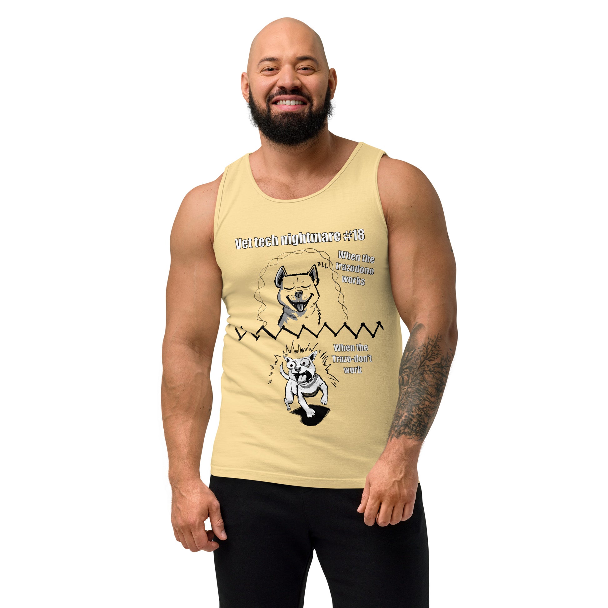 Man wearing a butter yellow Comfort Colors 9360 tank top featuring Vet Tech Nightmare #18 with the happy dog and demonic dog panels.