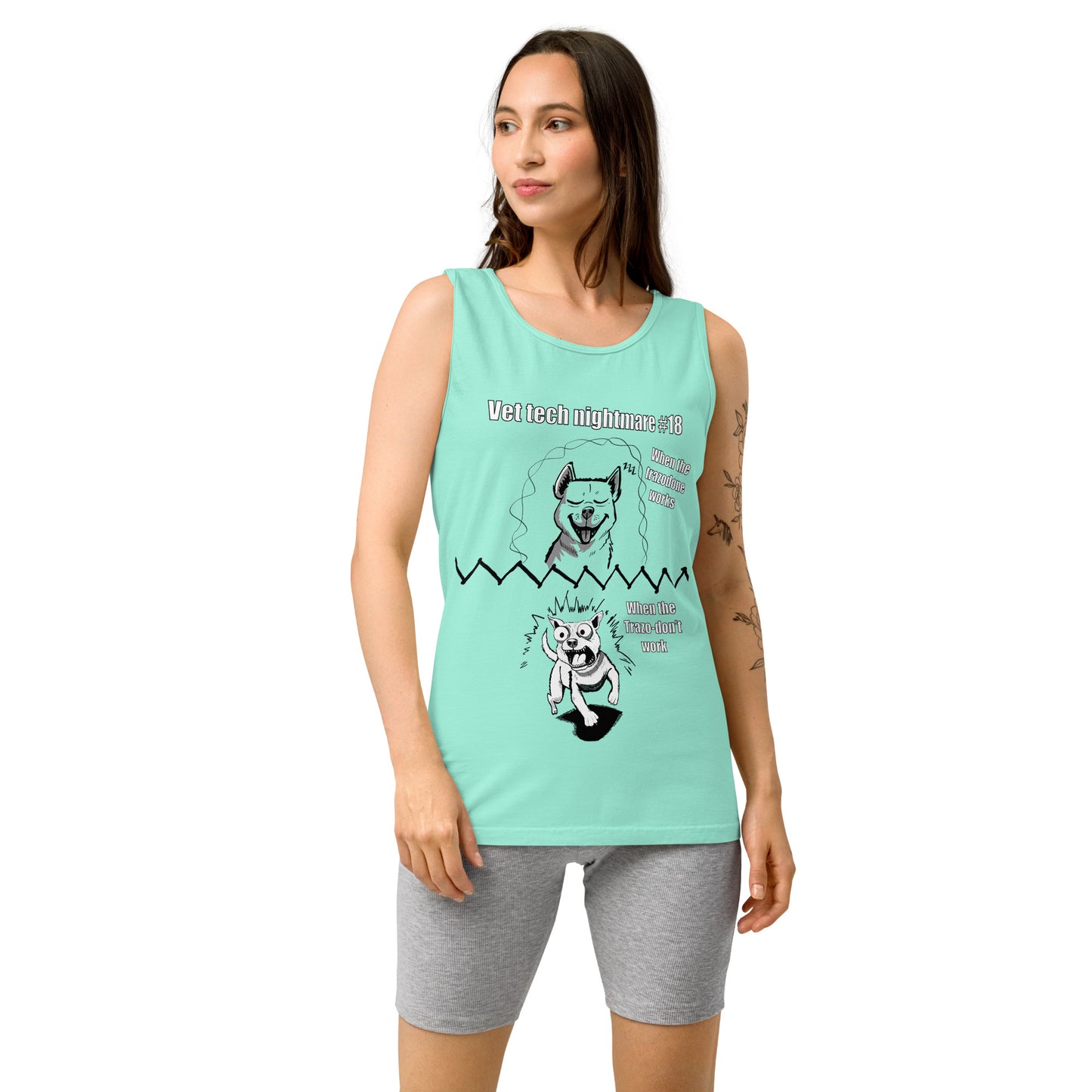 Woman standing wearing a chalky mint green Comfort Colors 9360 tank top with the full Vet Tech Nightmare #18 design.