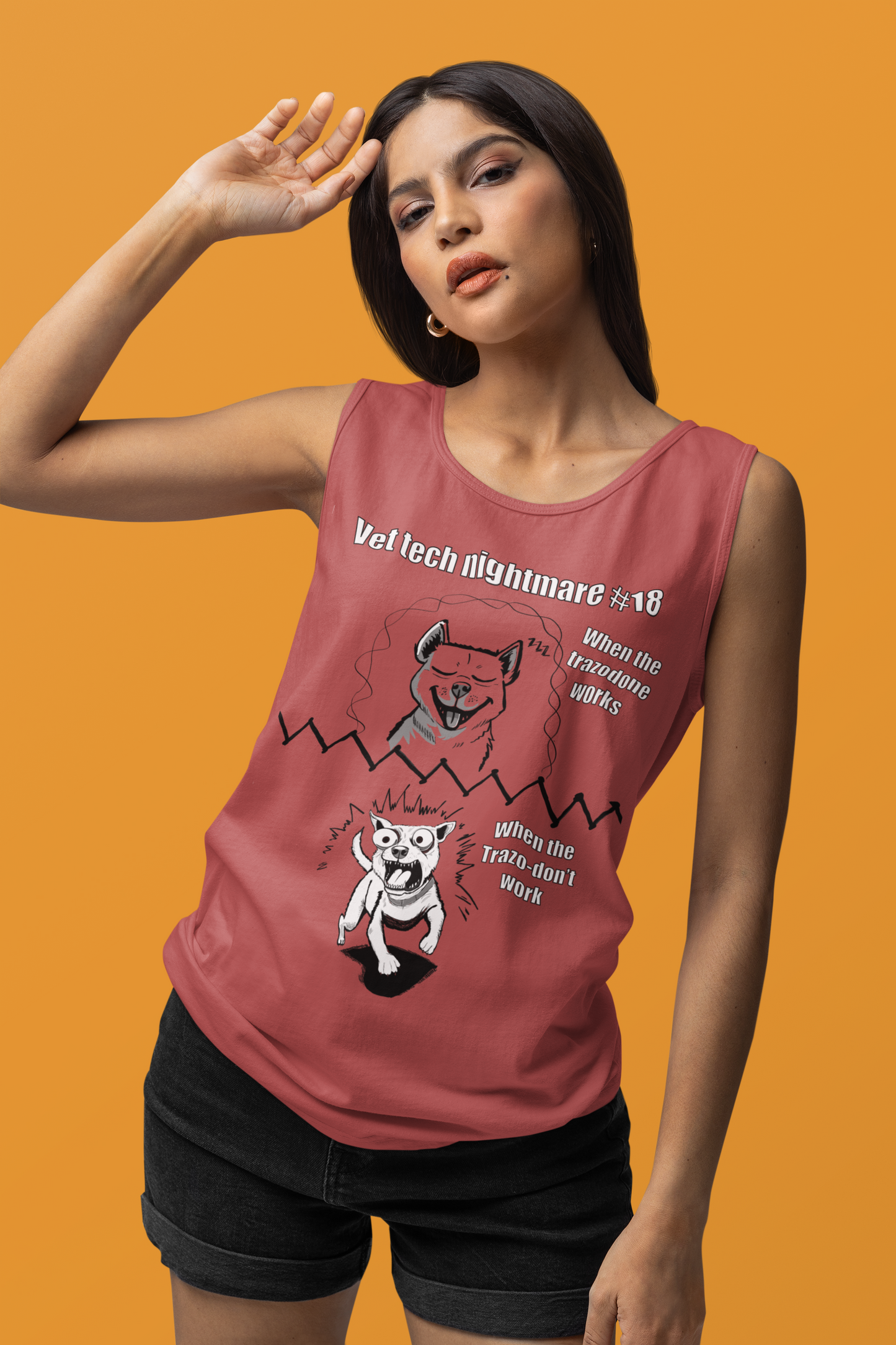 Woman with serious expression posing in a crimson red Comfort Colors 9360 tank top featuring the full Vet Tech Nightmare #18 split happy vs demonic dog design.