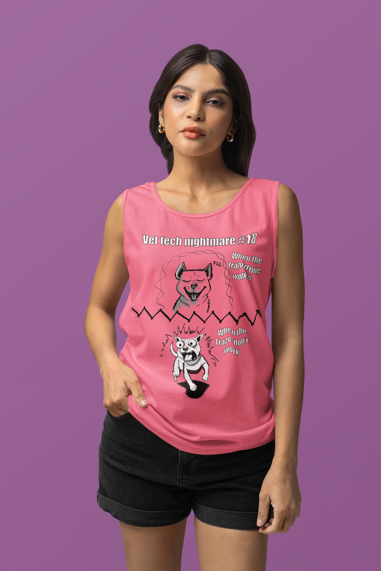 Woman standing against a colorful wall wearing a crunchberry pink Comfort Colors 9360 tank top with the Vet Tech Nightmare #18 design.