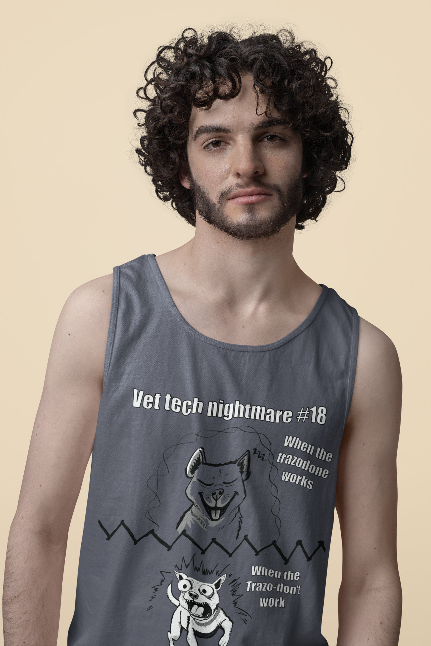 Man wearing a denim blue Comfort Colors 9360 scoop neck tank top displaying Vet Tech Nightmare #18 with the happy dog panel and demonic dog panel.