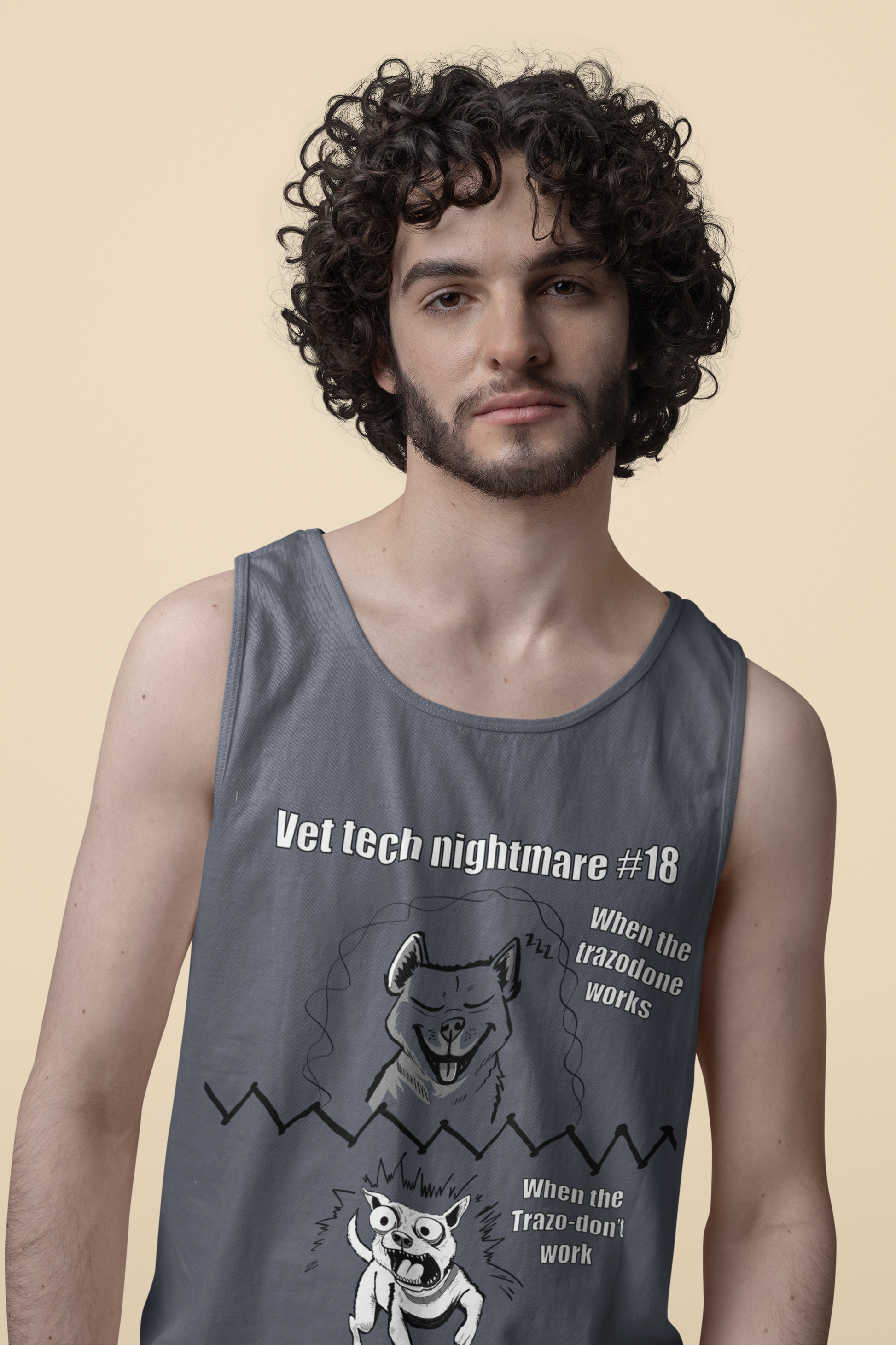 Man wearing a denim blue Comfort Colors 9360 scoop neck tank top displaying Vet Tech Nightmare #18 with the happy dog panel and demonic dog panel.