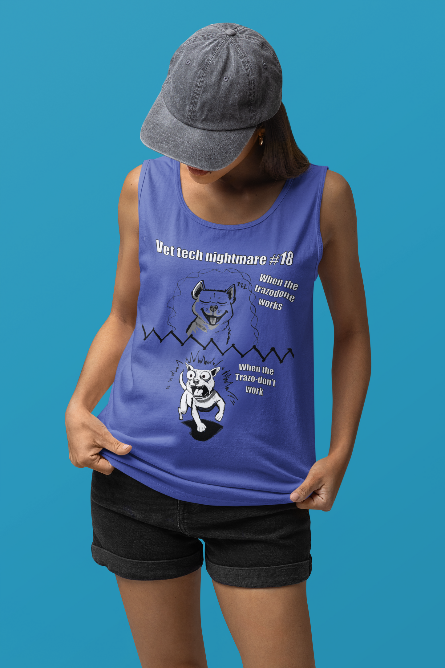 Woman wearing a flo blue Comfort Colors 9360 scoop neck tank top with Vet Tech Nightmare #18 design.