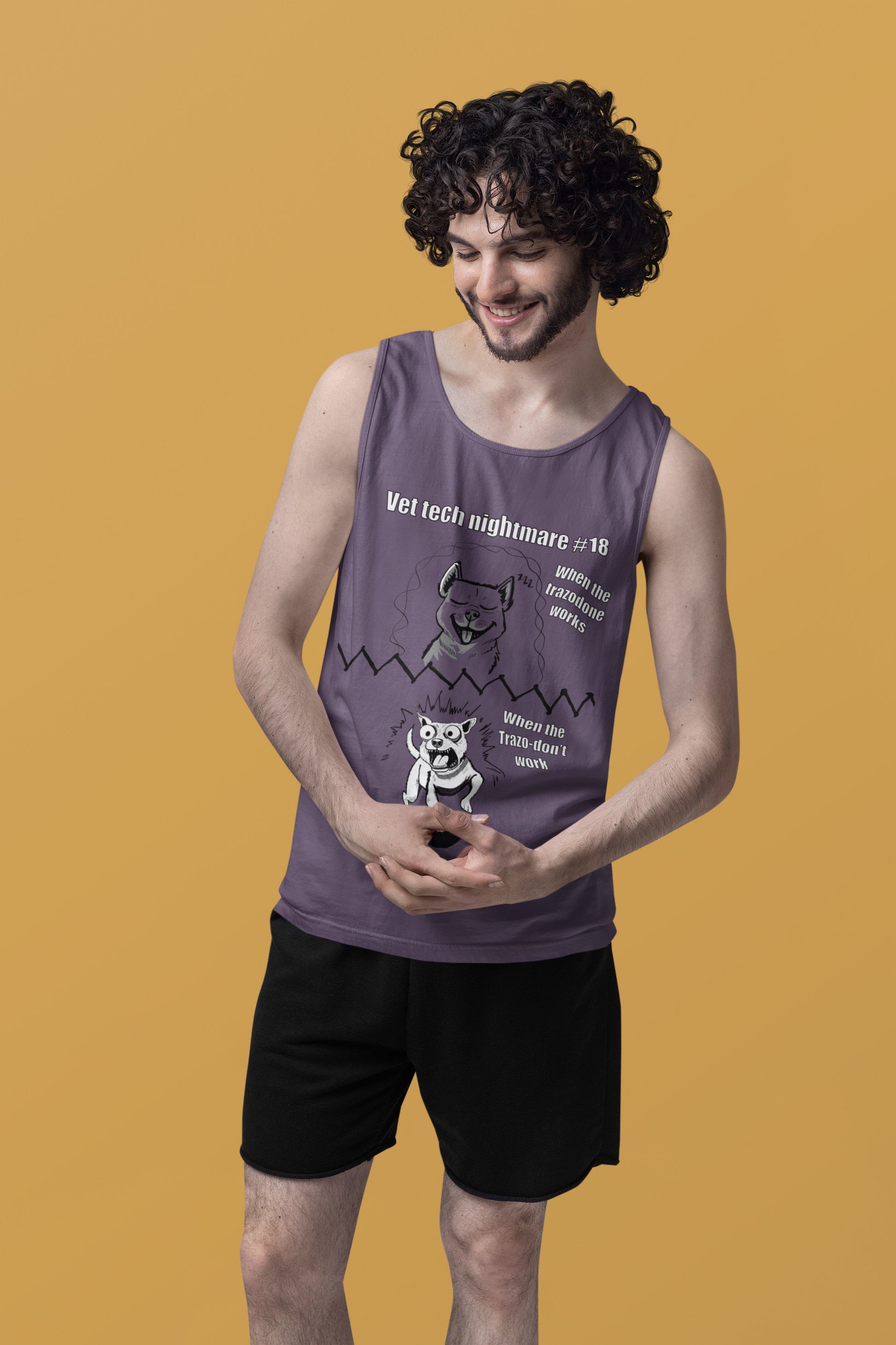 Man with curly hair standing against a colorful background wearing a grape purple Comfort Colors 9360 tank top with the full Vet Tech Nightmare #18 split design.