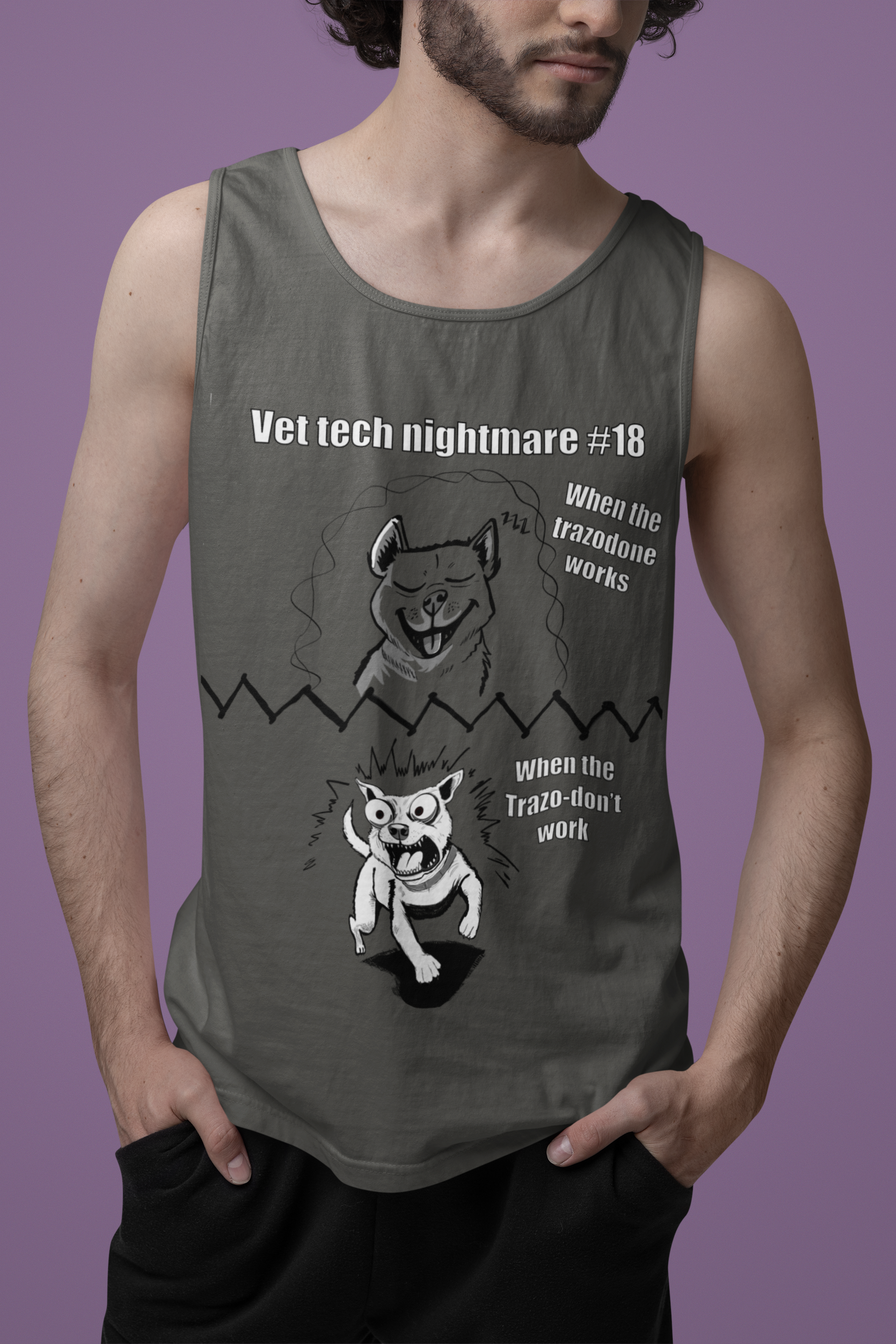 Bearded man wearing a pepper green Comfort Colors 9360 tank top featuring Vet Tech Nightmare #18 with the happy relaxed dog ("When the Trazodone Works") on top and the demonic chaotic dog ("When the Trazo-Don't Work") on bottom.