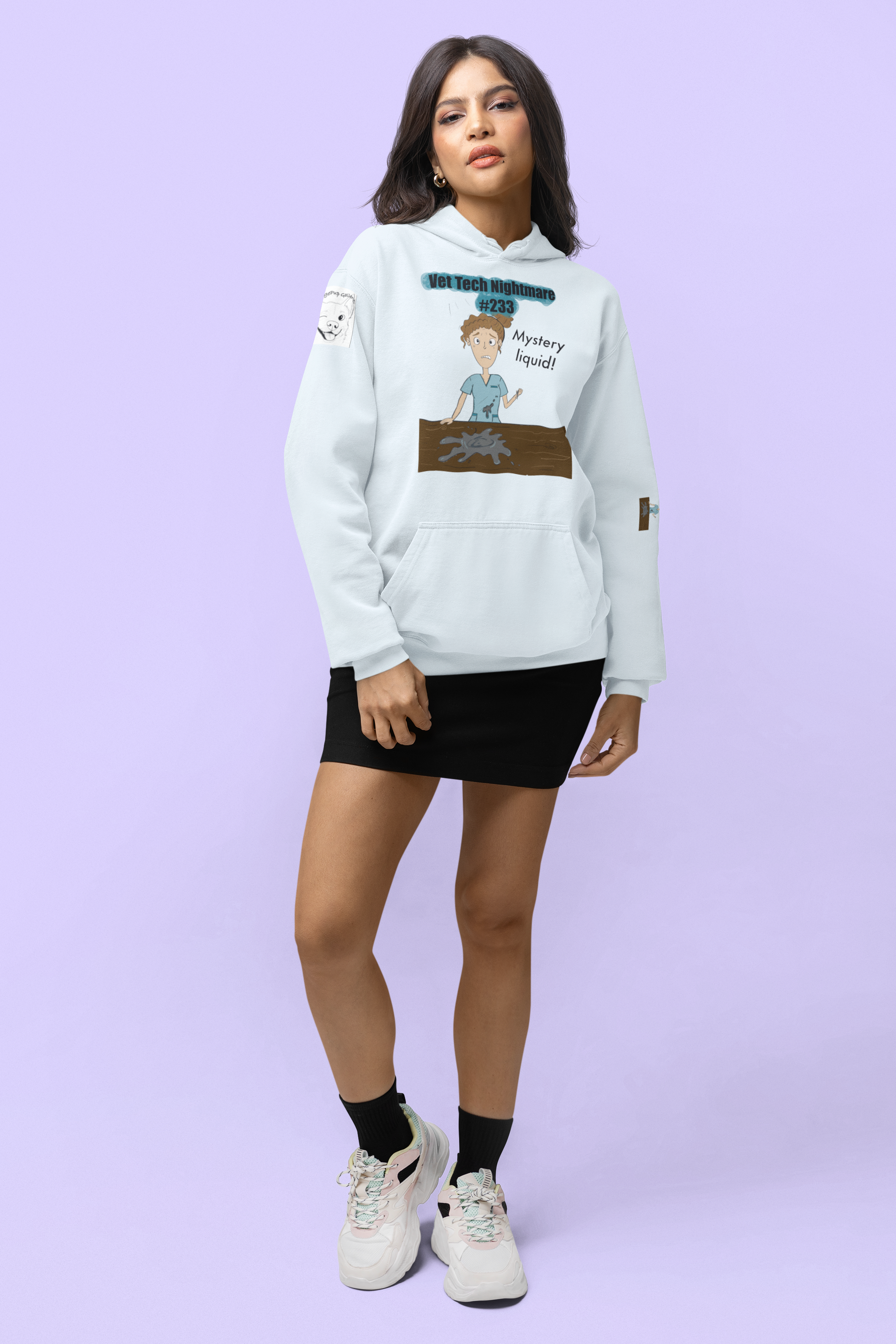 Woman wearing hydrangea blue Comfort Colors hoodie featuring Vet Tech Nightmare #233 Mystery Liquid illustration