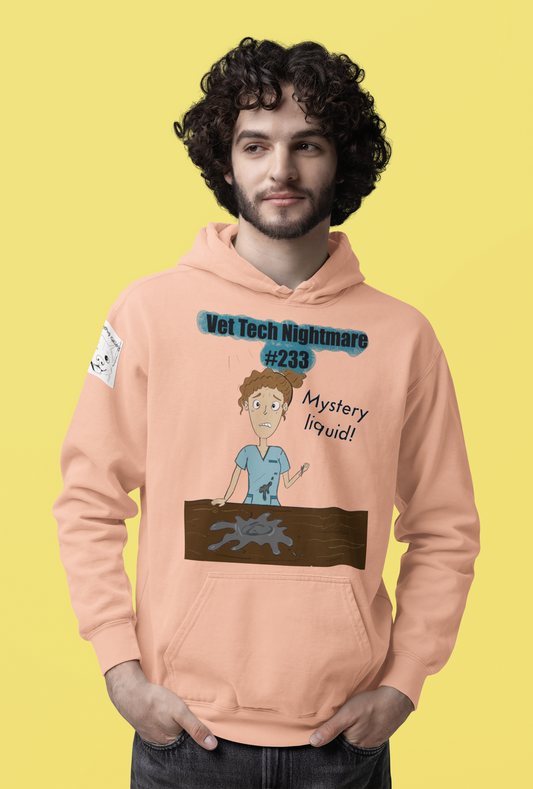 Man with curly hair wearing peach Comfort Colors hoodie featuring Vet Tech Nightmare #233 Mystery Liquid artwork