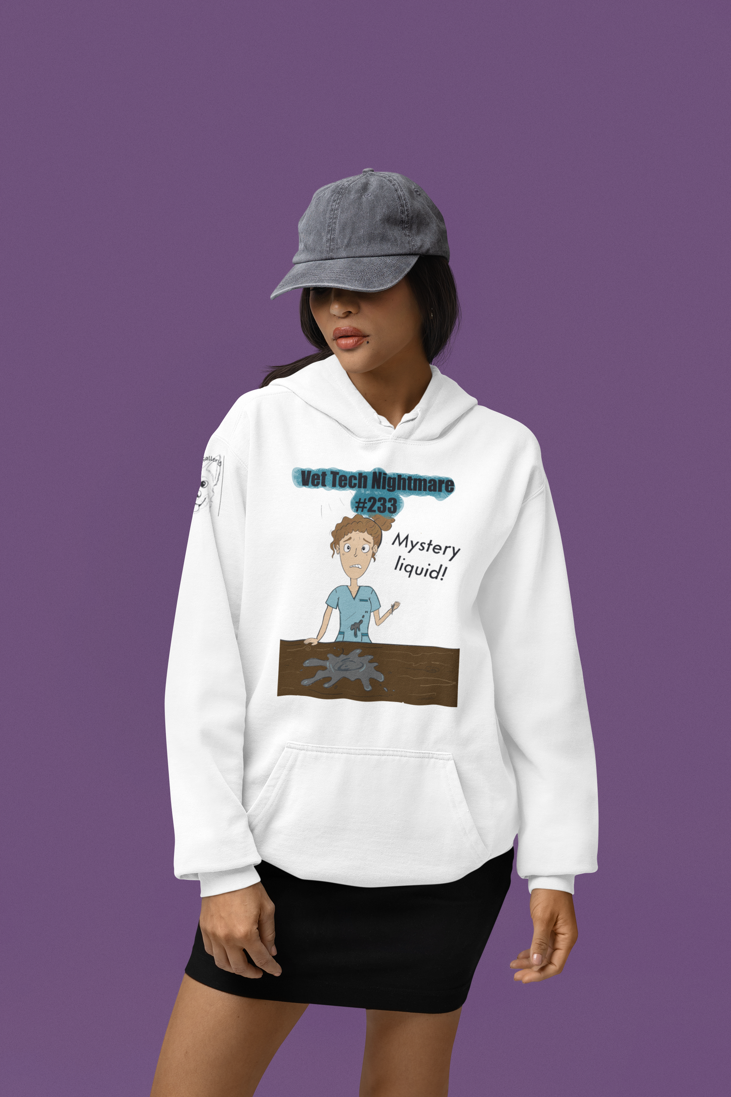 Woman wearing white Comfort Colors hoodie and baseball cap with Vet Tech Nightmare #233 Mystery Liquid design