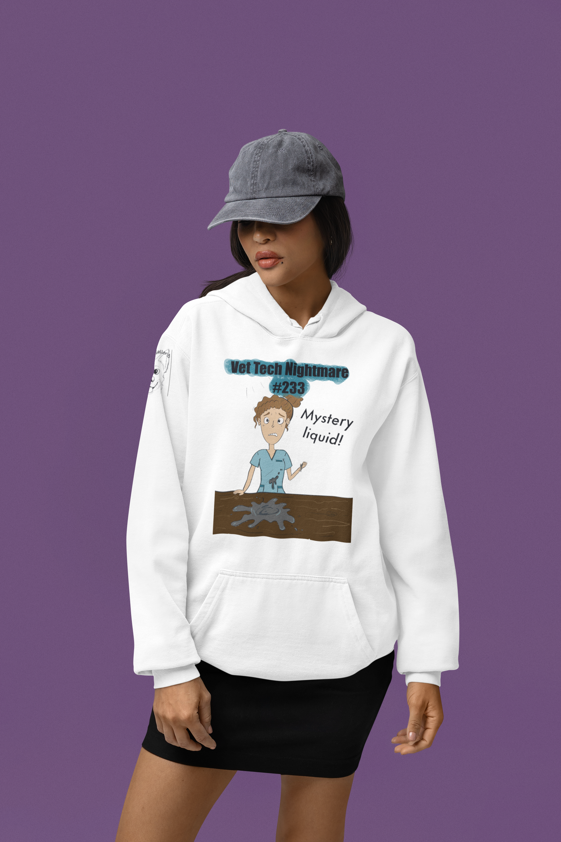 Woman wearing white Comfort Colors hoodie and baseball cap with Vet Tech Nightmare #233 Mystery Liquid design
