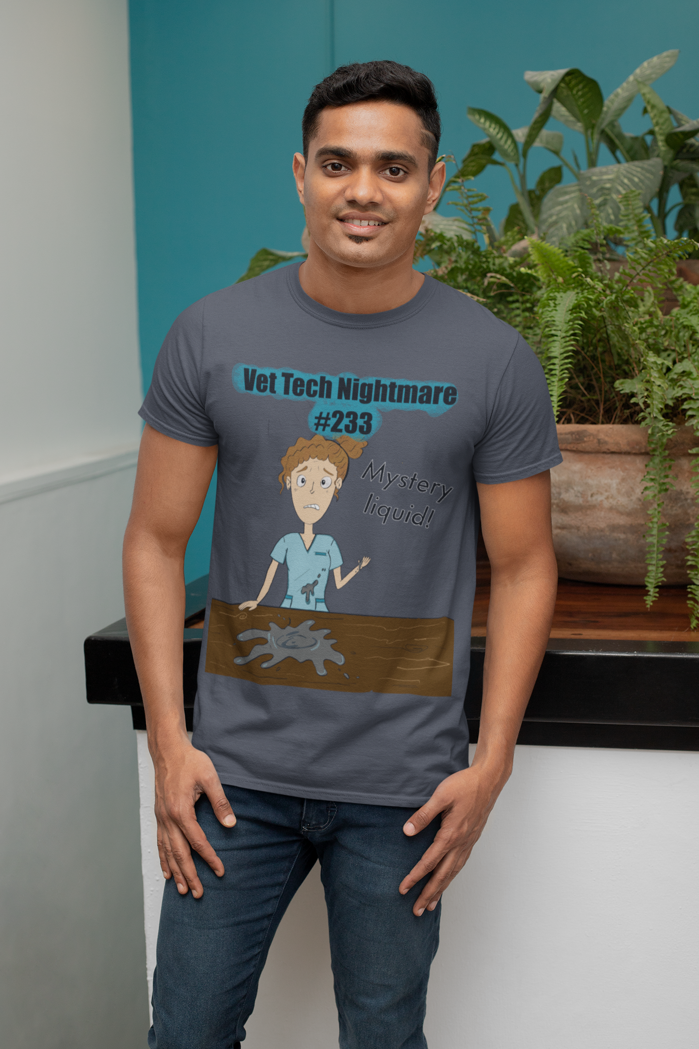 Man posing next to plant wearing heather navy t-shirt featuring Vet Tech Nightmare #233 Mystery Liquid design
