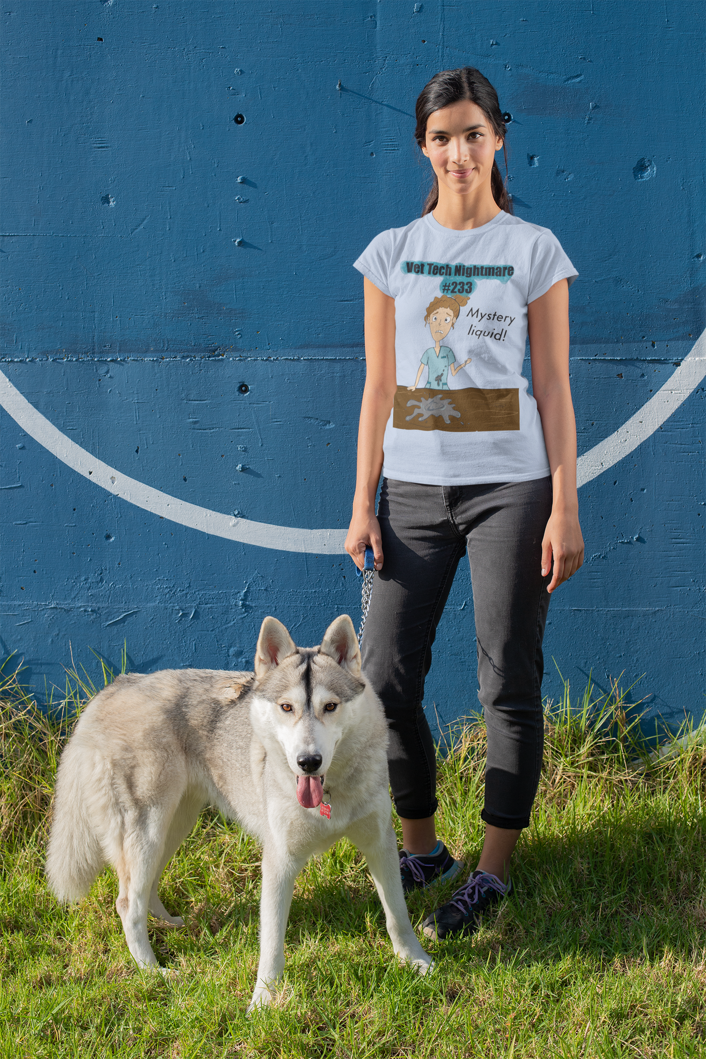 Woman standing next to husky wearing light blue t-shirt featuring Vet Tech Nightmare #233 Mystery Liquid design