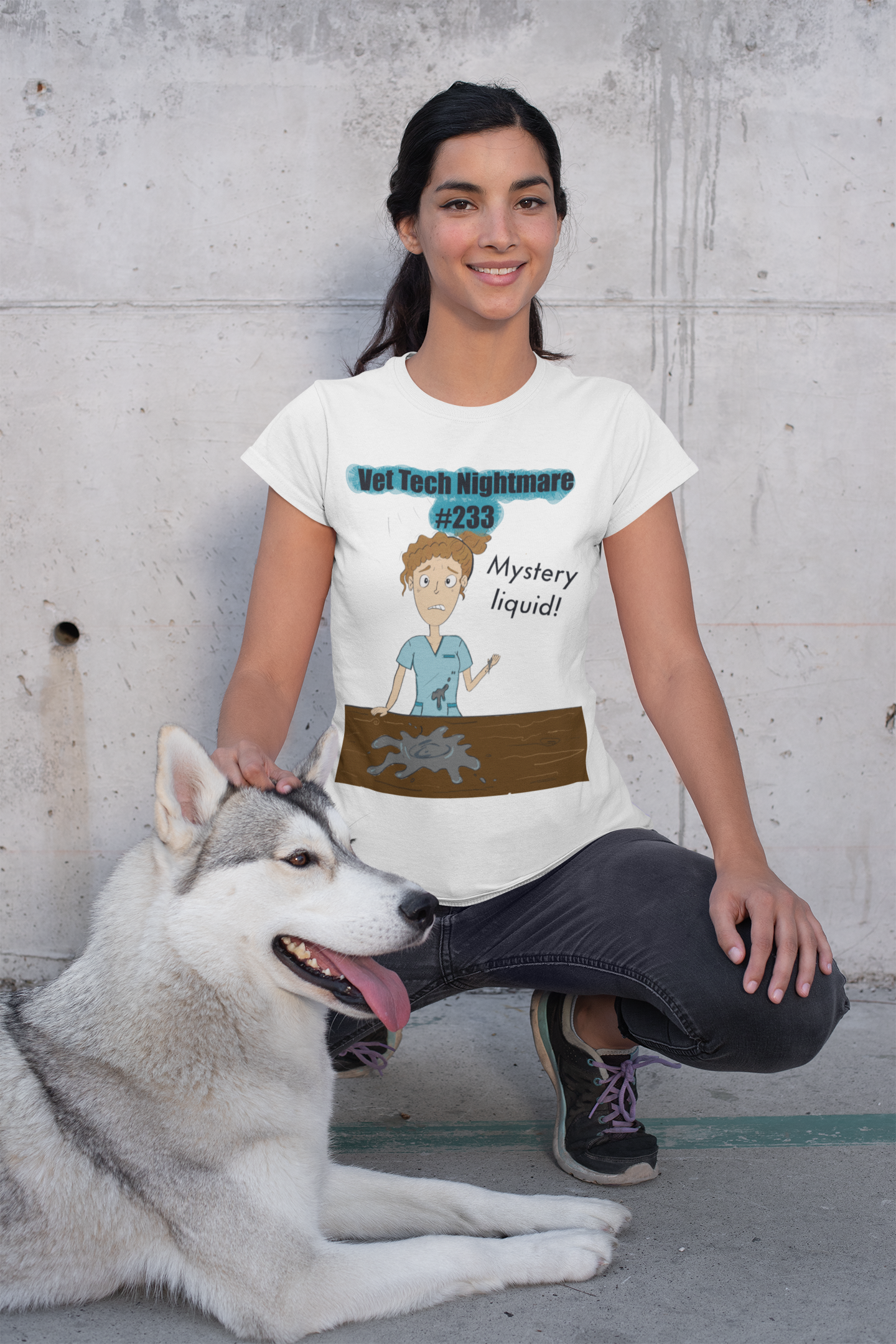 Woman sitting with husky wearing military green t-shirt featuring Vet Tech Nightmare #233 Mystery Liquid design