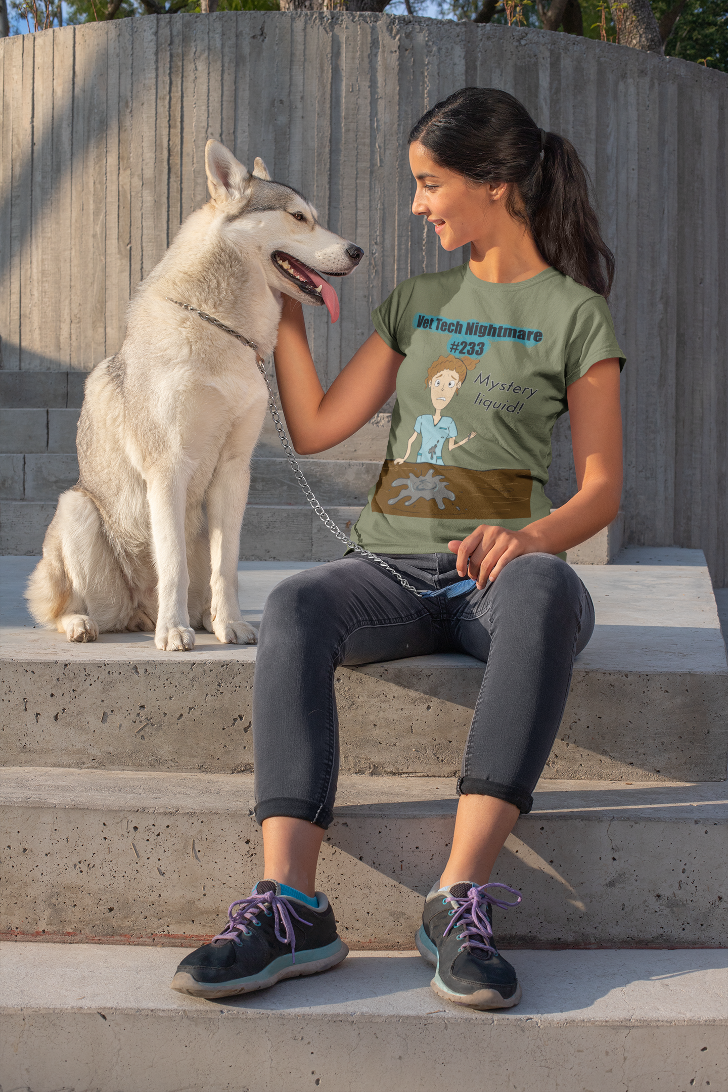 Woman sitting with husky wearing military green t-shirt featuring Vet Tech Nightmare #233 Mystery Liquid design