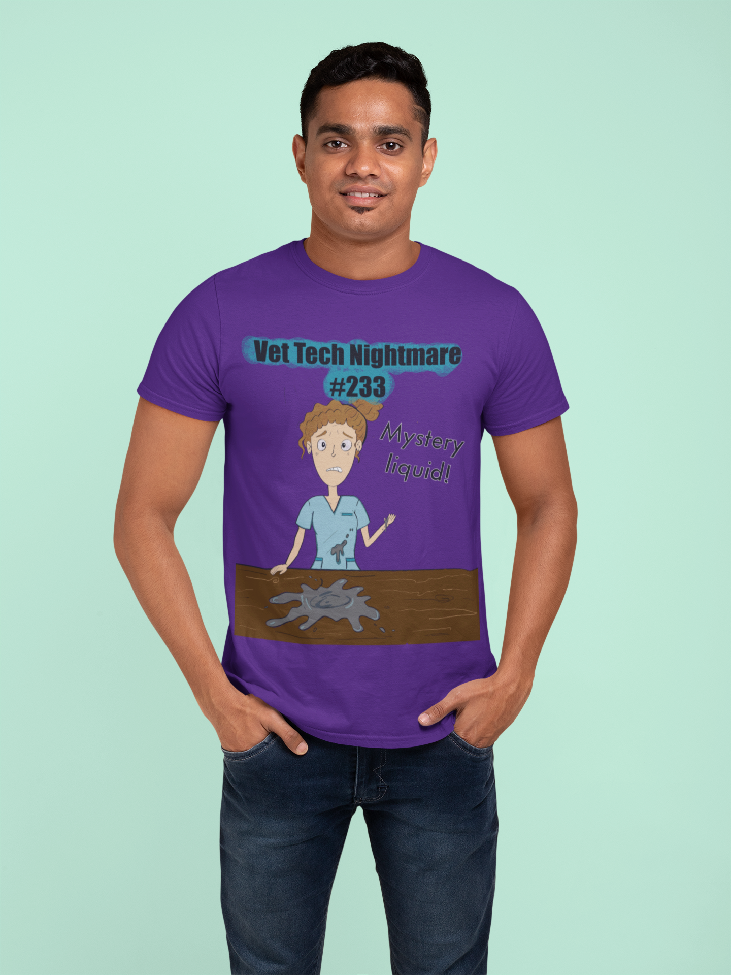 Man with trendy haircut wearing purple t-shirt with Vet Tech Nightmare #233 Mystery Liquid artwork