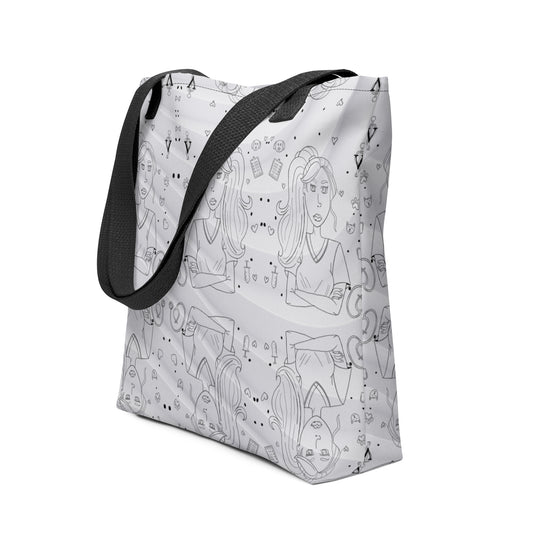 Vet Vibe all-over print tote bag side angle view showing wrap-around vet med pattern with cartoon vet techs – GrungePup Vet Chaos burnt-out vet tech tote bag