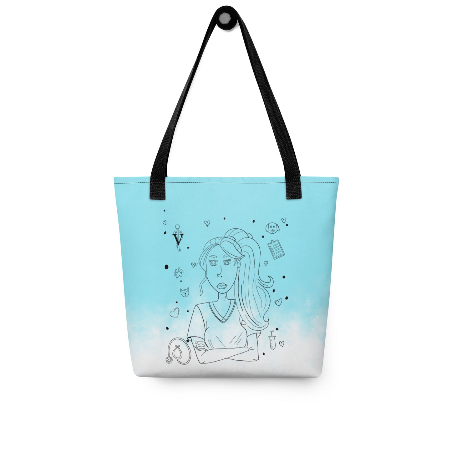Vet Vibe all-over print tote bag front view in blue gradient with vet tech girl illustration and medical icons – GrungePup Vet Chaos sarcastic veterinary humor accessory