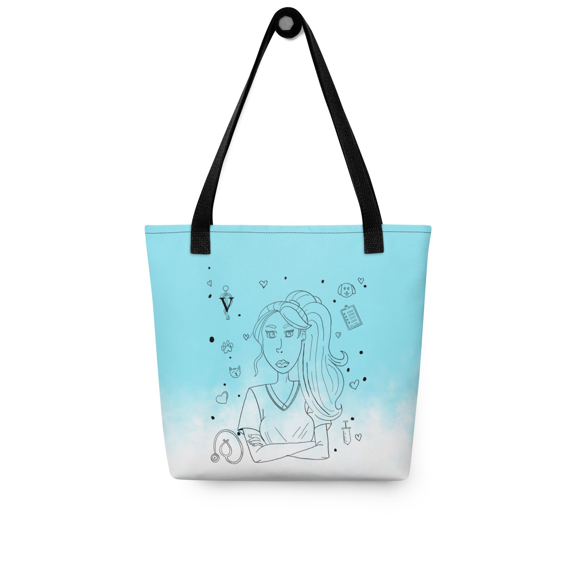 Vet Vibe all-over print tote bag front view in blue gradient with vet tech girl illustration and medical icons – GrungePup Vet Chaos sarcastic veterinary humor accessory