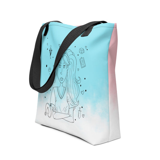 Vet Vibe all-over print tote bag side angle view showing wrap-around vet tech girl and medical symbols – GrungePup Vet Chaos funny veterinary accessory