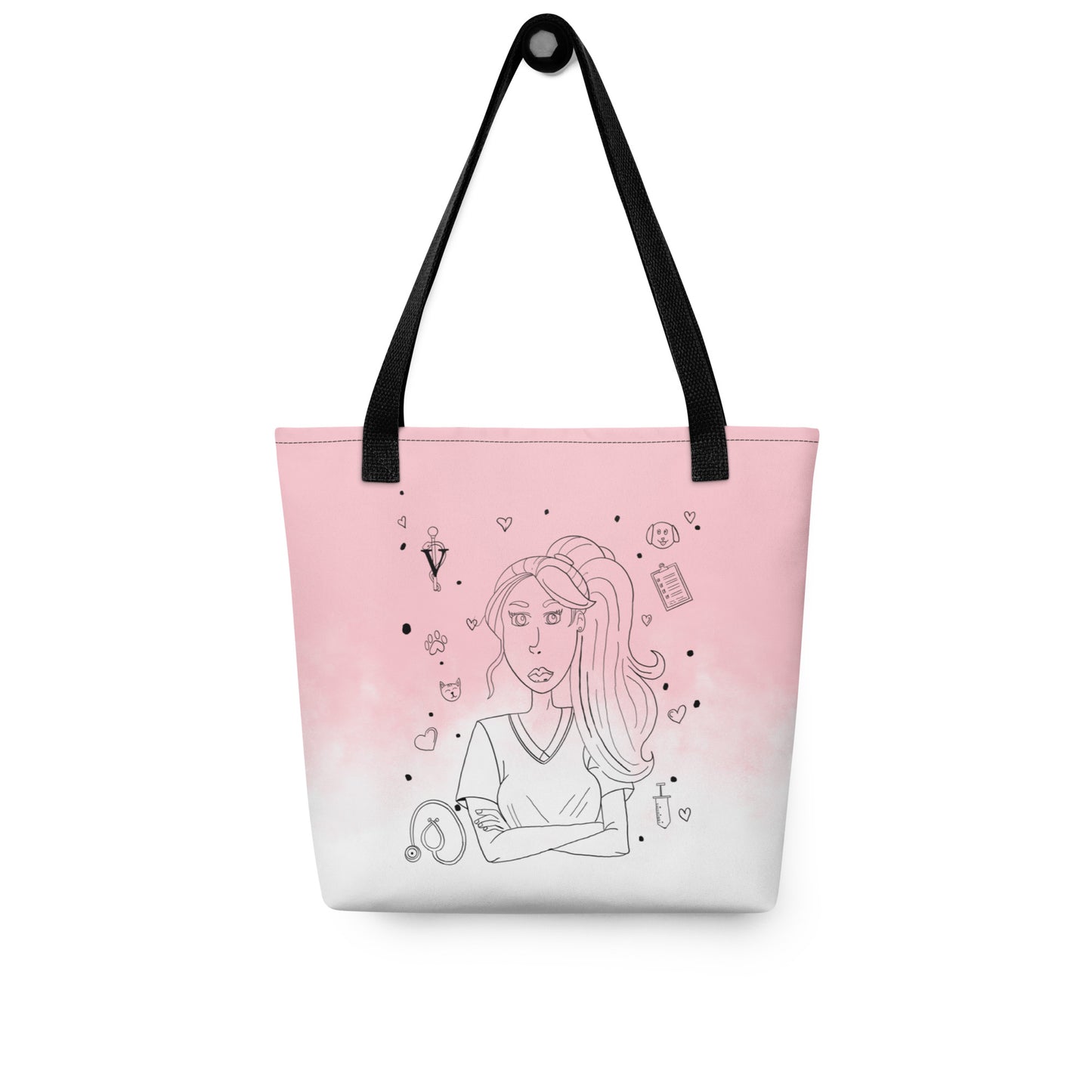Vet Vibe all-over print tote bag back view in pink gradient with repeating vet tech pattern – GrungePup Vet Chaos burnt-out vet med tote