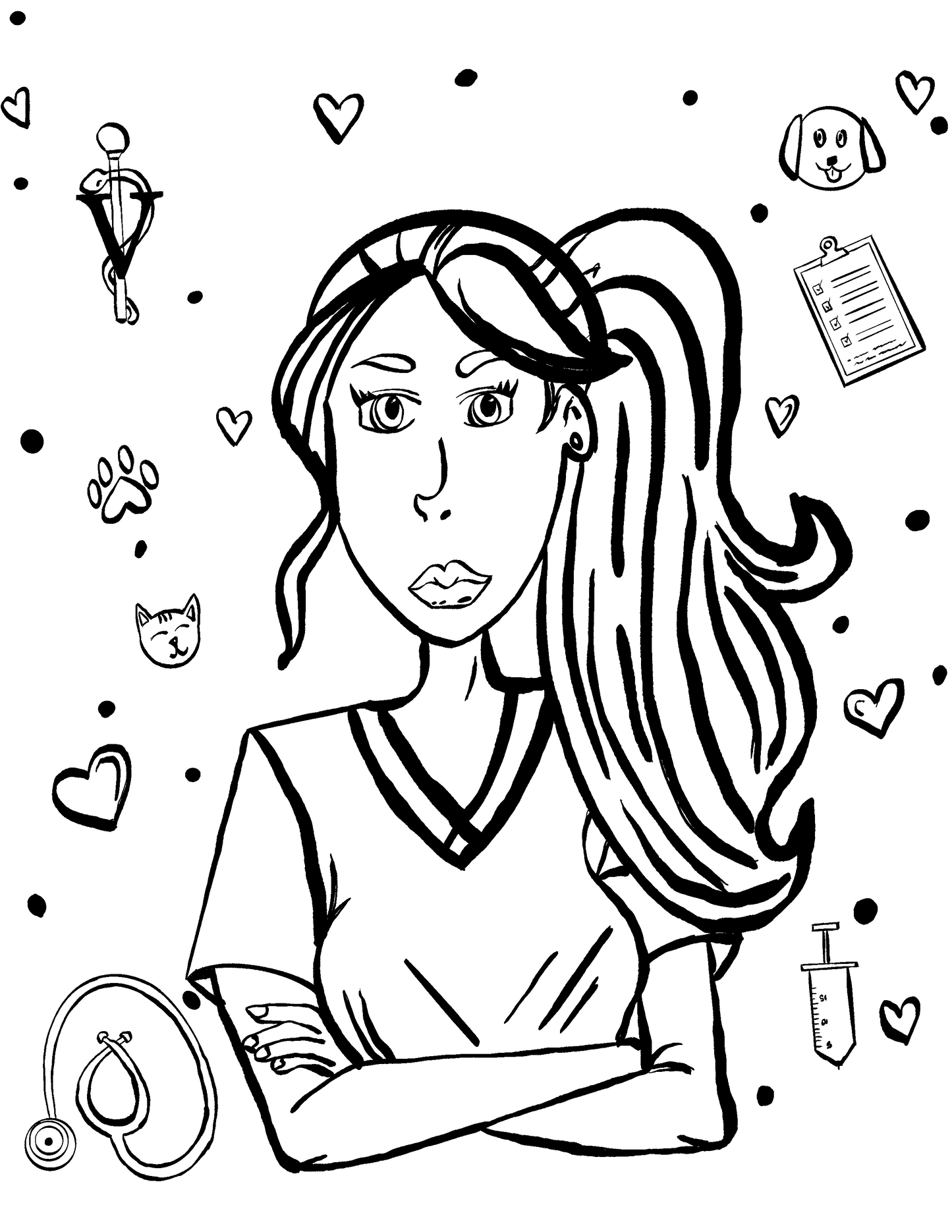 Close-up of the darkened Vet Vibe line-art design showing a confident vet girl with crossed arms surrounded by hearts, paw prints, stethoscope, syringe, and animal icons on a black background.