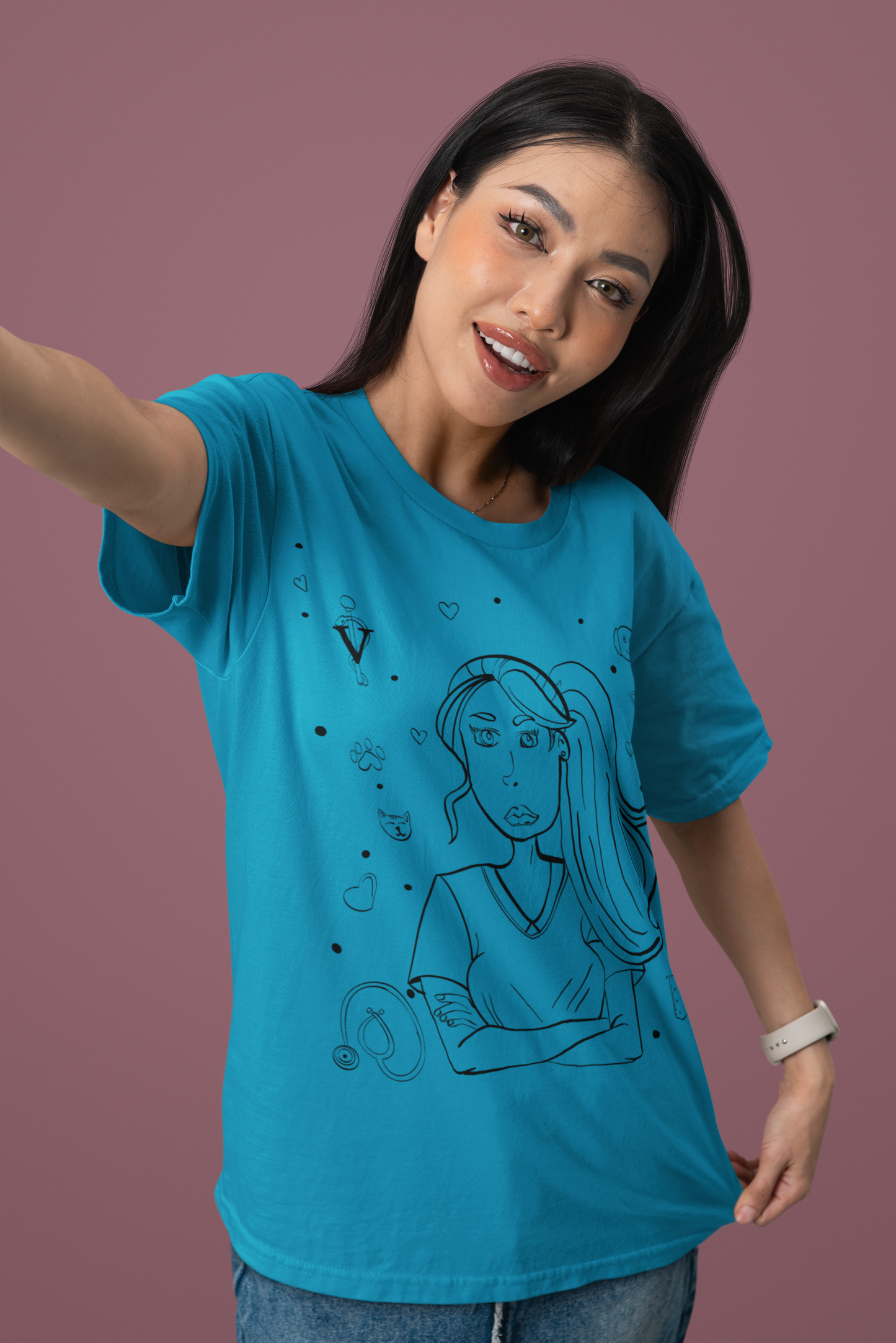Woman in aqua "Vet Vibe Girl" t-shirt with vet tech illustration – GrungePup Vet Chaos funny veterinary apparel