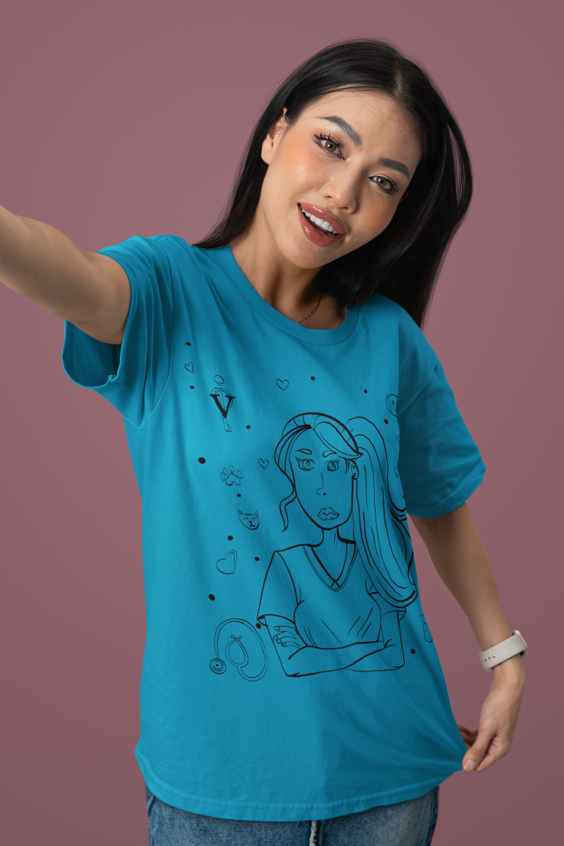 Woman in aqua "Vet Vibe Girl" t-shirt with vet tech illustration – GrungePup Vet Chaos funny veterinary apparel