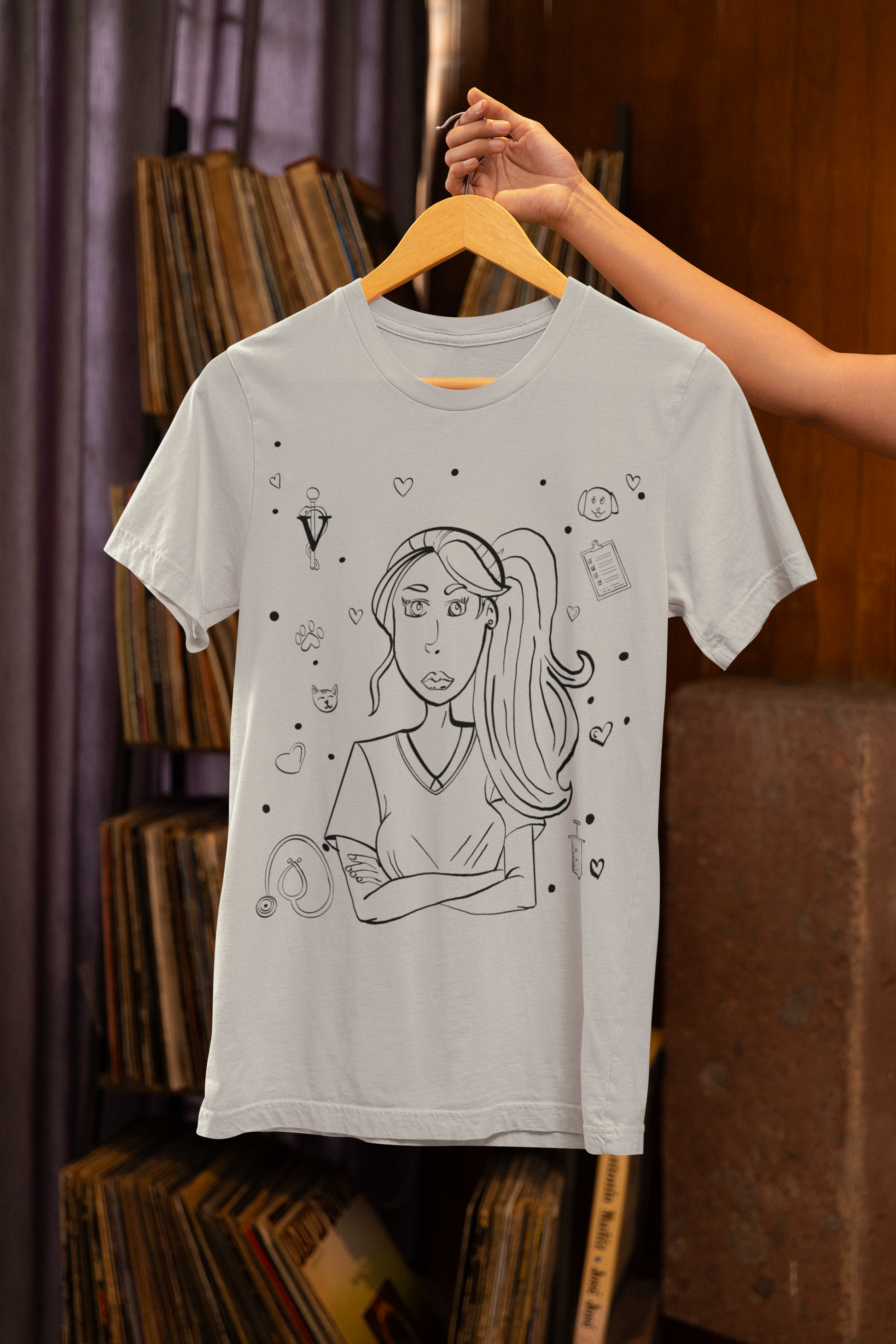 Shirt on hanger athletic heather "Vet Vibe Girl" t-shirt with vet tech girl design – GrungePup Vet Chaos vet med humor apparel