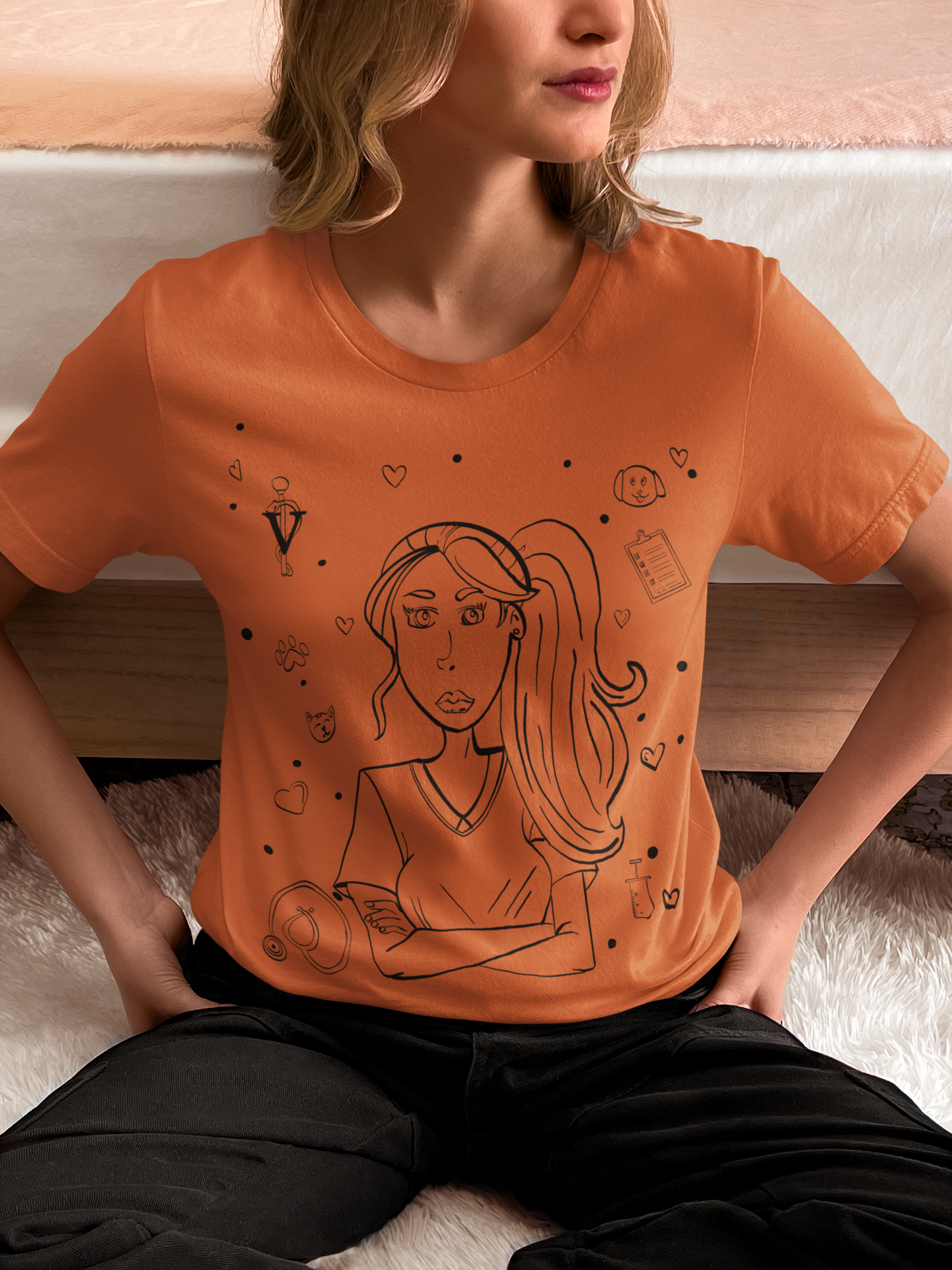 Woman in heather autumn orange "Vet Vibe Girl" t-shirt with vet tech line art – GrungePup Vet Chaos burnt-out vet med tee