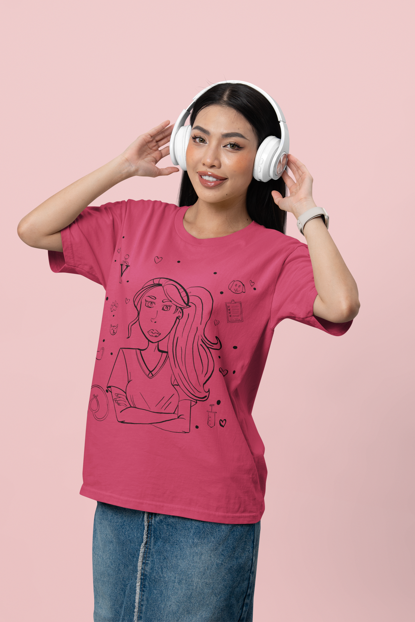 Woman in heather raspberry "Vet Vibe Girl" t-shirt with vet tech line art – GrungePup Vet Chaos sarcastic vet tech tee