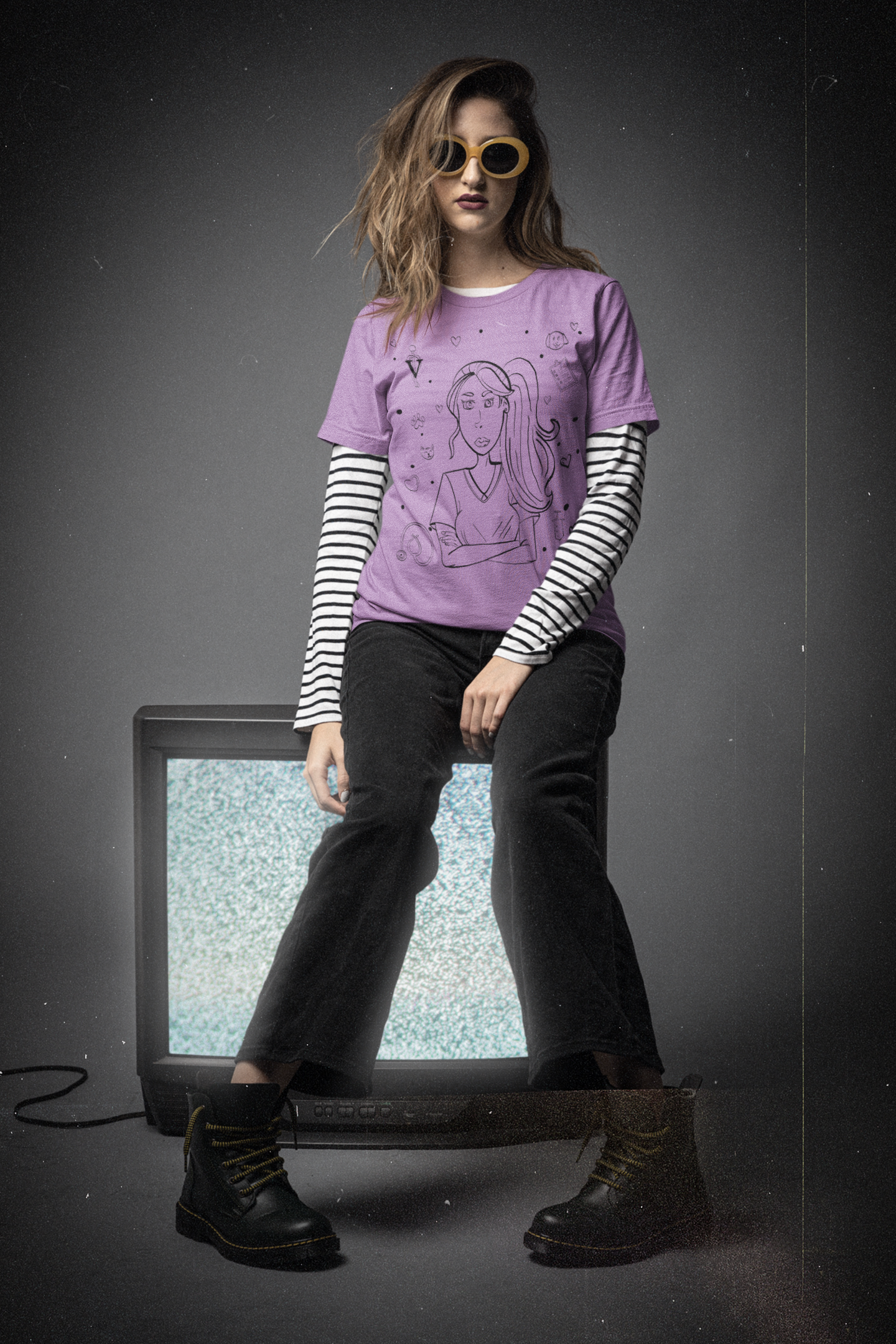 Woman in heather team purple "Vet Vibe Girl" t-shirt with vet tech line art – GrungePup Vet Chaos burnt-out vet med apparel