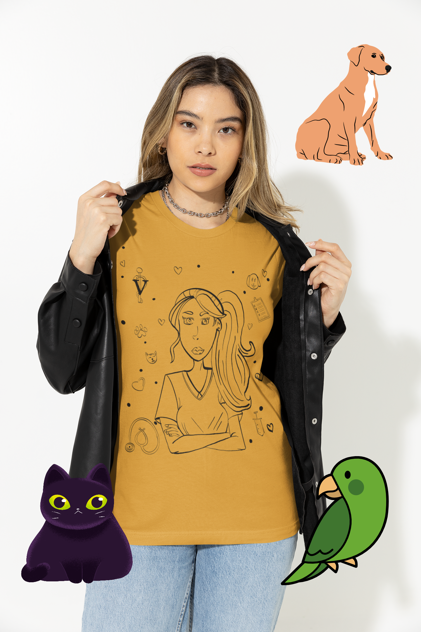 Woman in mustard yellow "Vet Vibe Girl" t-shirt with vet tech illustration and medical icons – GrungePup Vet Chaos sarcastic veterinary humor apparel