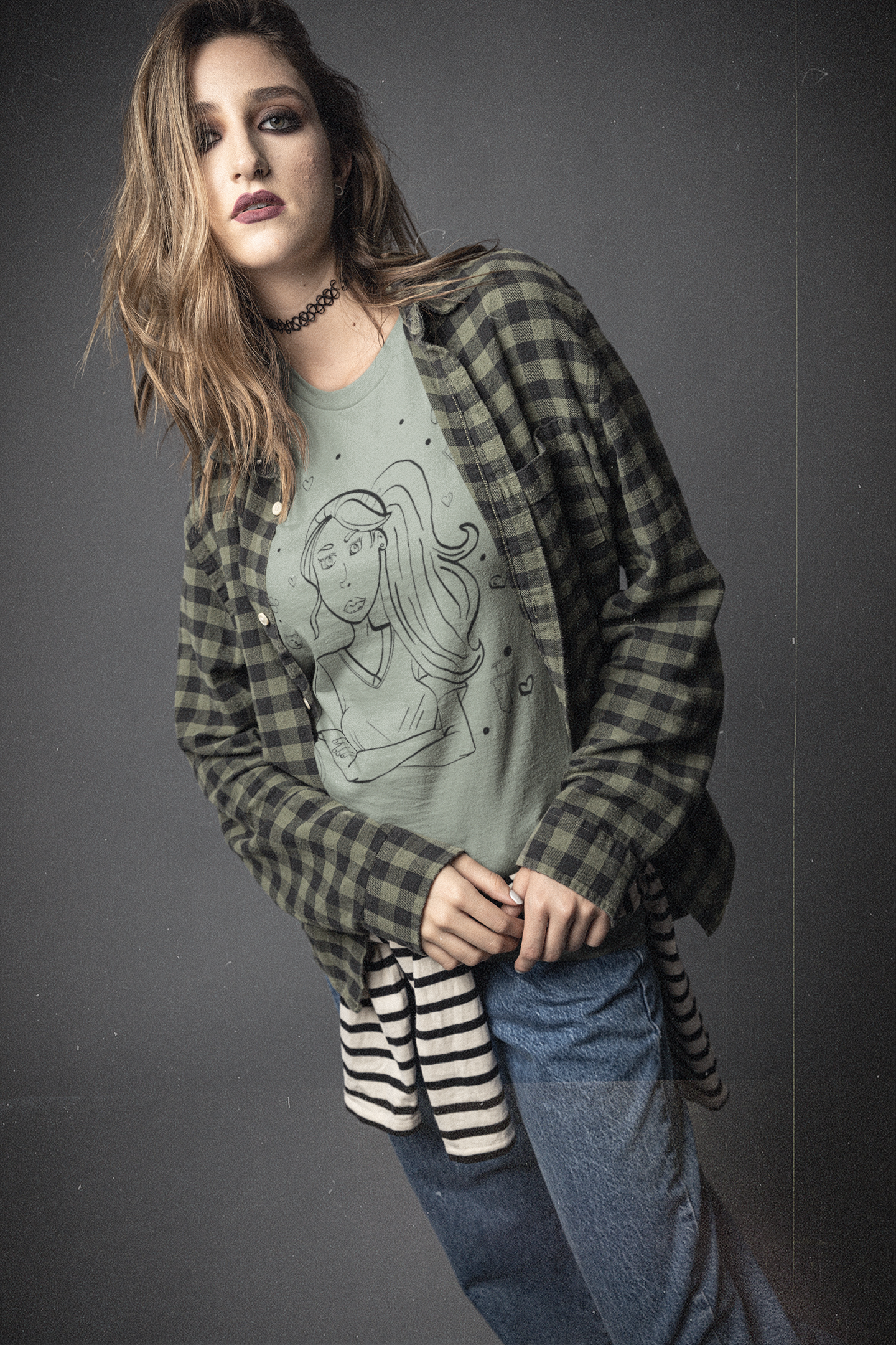 Woman in sage "Vet Vibe Girl" t-shirt with vet tech illustration – GrungePup Vet Chaos veterinary humor apparel