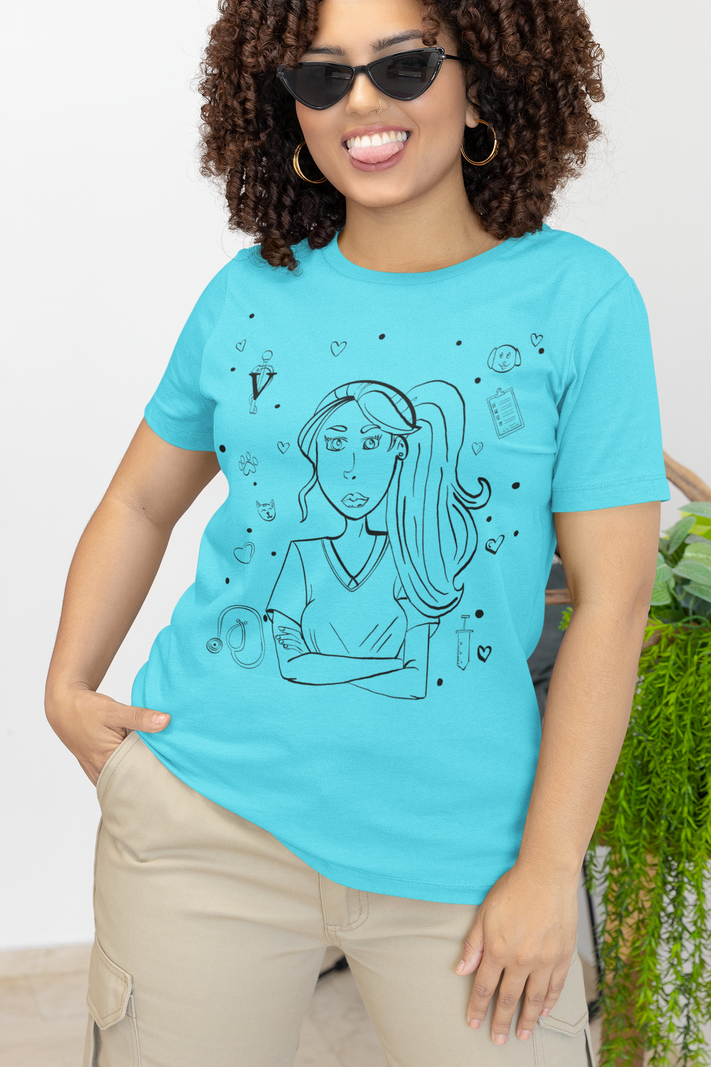 Woman in turquoise "Vet Vibe Girl" t-shirt with vet tech girl design – GrungePup Vet Chaos sarcastic vet tech apparel