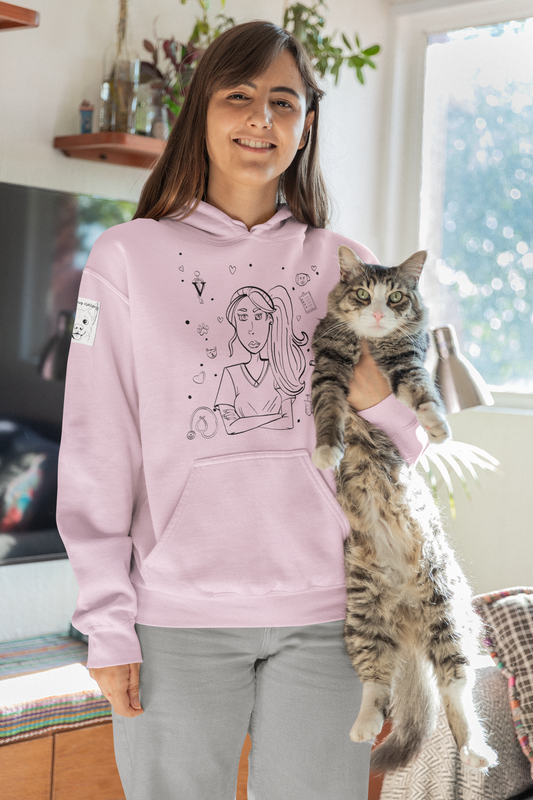 Woman holding tabby cat wearing light pink "Vet Vibe" hoodie with vet tech illustration and icons – GrungePup Vet Chaos pet-loving veterinary humor