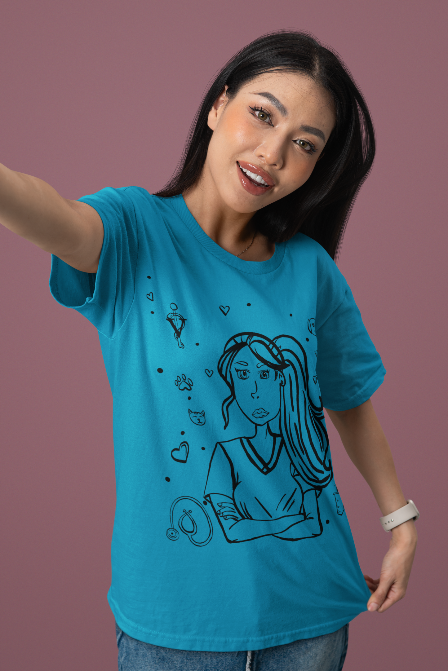 Asian woman with long dark hair taking a selfie while wearing an aqua Vet Vibe t-shirt featuring the darkened line-art vet girl design.