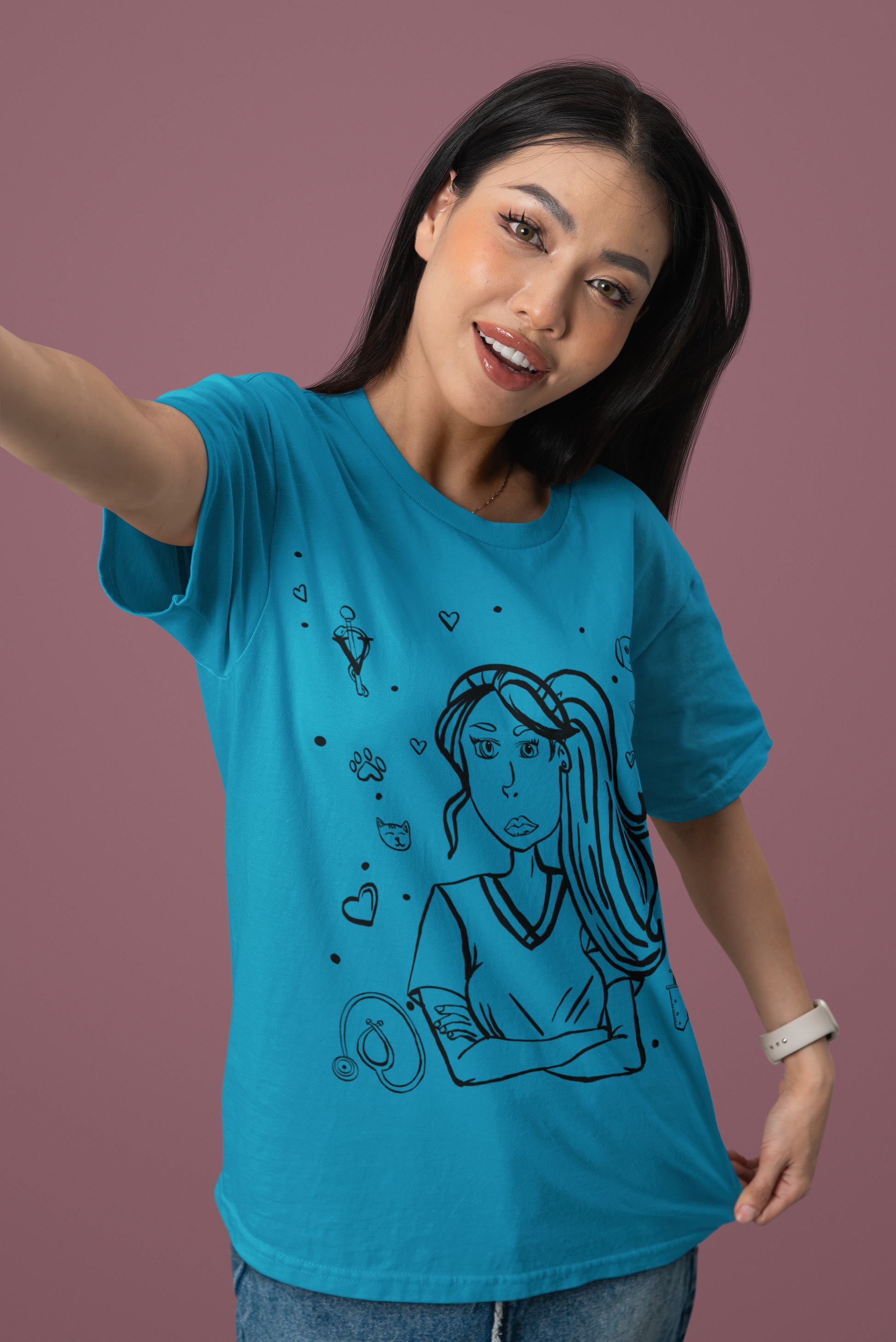 Asian woman with long dark hair taking a selfie while wearing an aqua Vet Vibe t-shirt featuring the darkened line-art vet girl design.