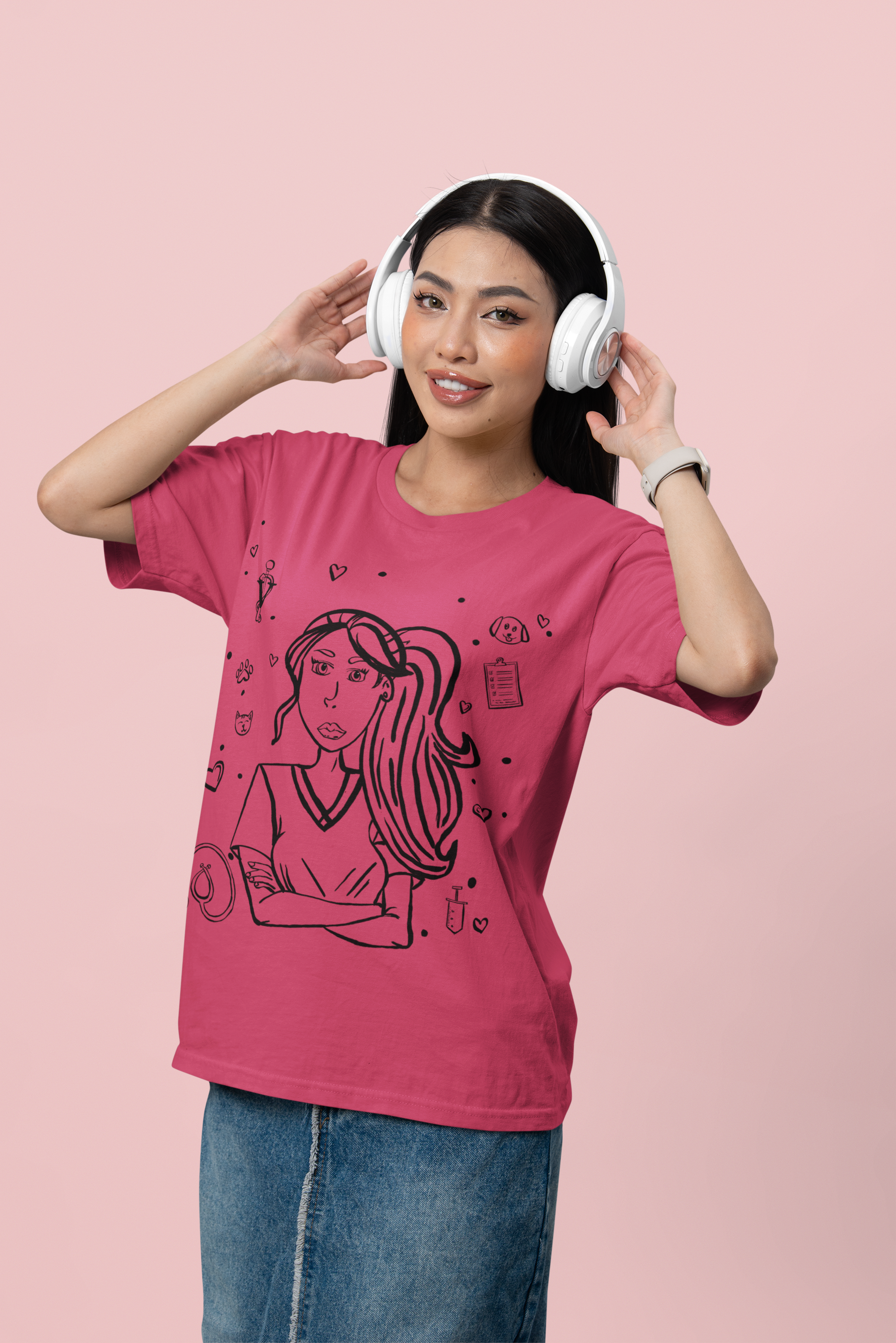 Asian woman with long dark hair smiling and adjusting white headphones while wearing a heather raspberry Vet Vibe t-shirt with the darkened line-art vet girl design.