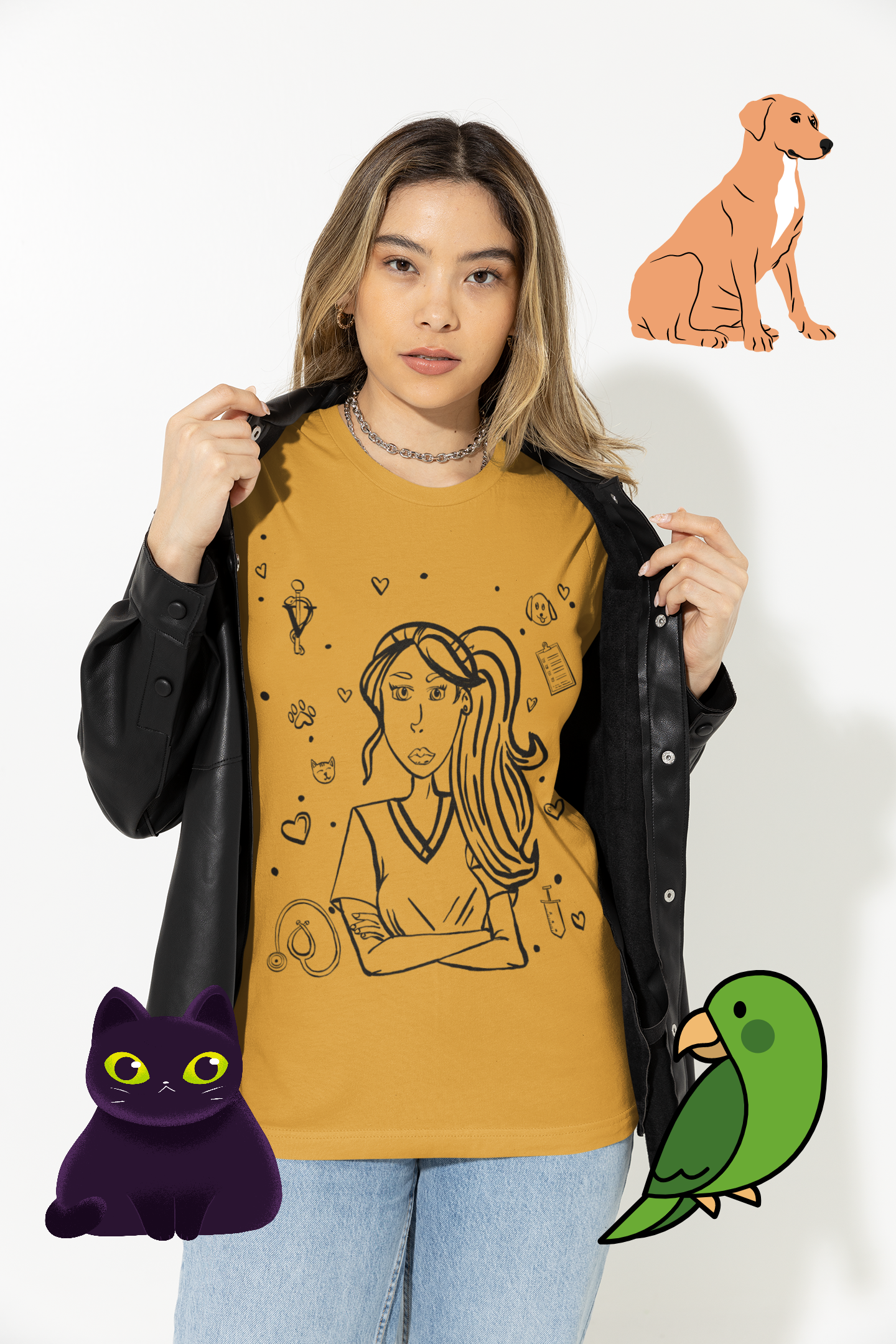 Woman with highlighted hair wearing an open black leather jacket over a mustard Vet Vibe t-shirt featuring the darkened line-art vet girl design, with illustrated animals around her.
