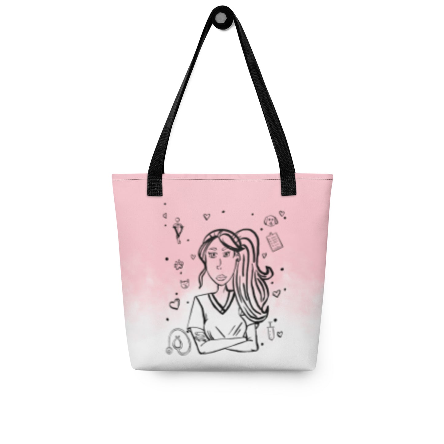 Back view of the Vet Vibe all-over print tote bag in pink featuring the darkened line-art vet girl design with hearts, paw prints, and medical icons.