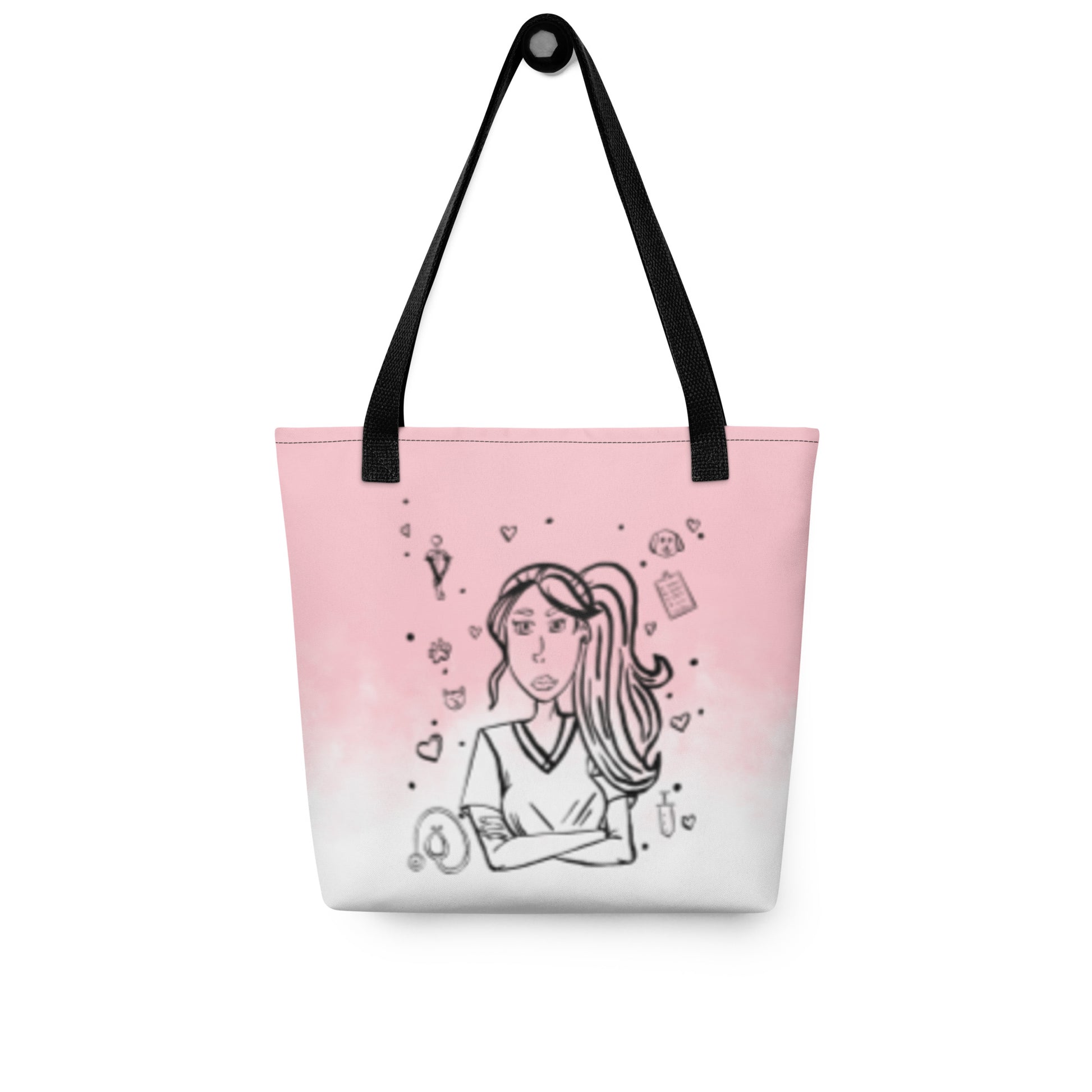 Back view of the Vet Vibe all-over print tote bag in pink featuring the darkened line-art vet girl design with hearts, paw prints, and medical icons.
