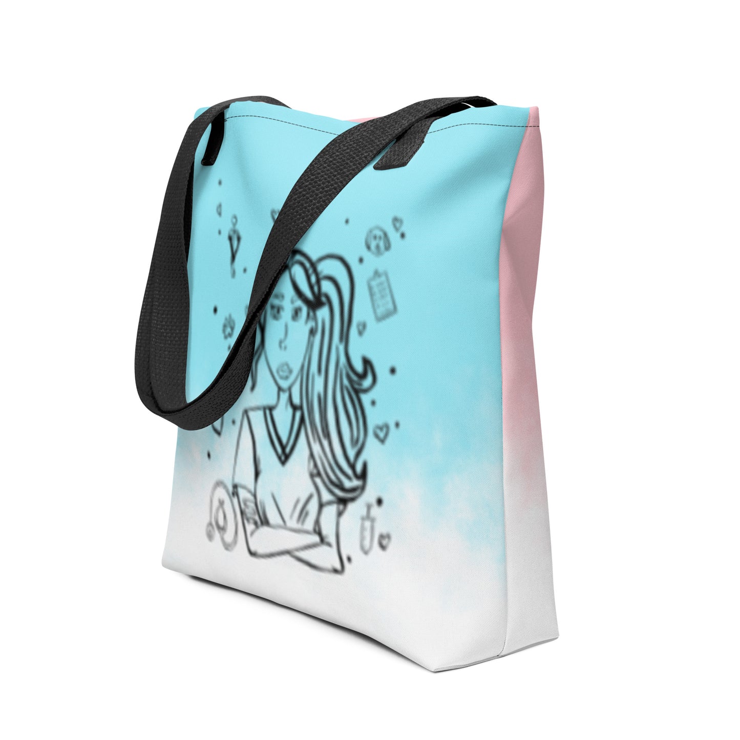 Side angle view of the Vet Vibe all-over print tote bag showing the transition from blue front to pink back with the darkened line-art vet girl design visible.