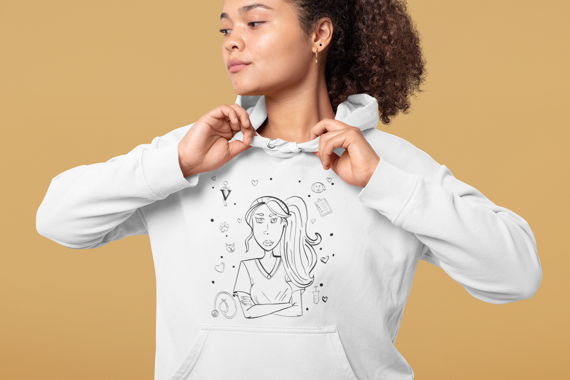 Woman adjusting white "Vet Vibe" hoodie close-up with vet tech girl line art and medical symbols – GrungePup Vet Chaos sarcastic vet med apparel