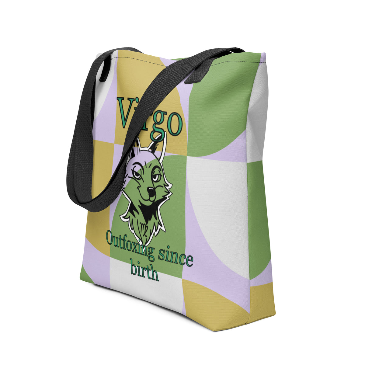 Side angle of the Virgo Outfoxing Since Birth all-over print tote bag with black straps and gold, green, and lavender geometric background.