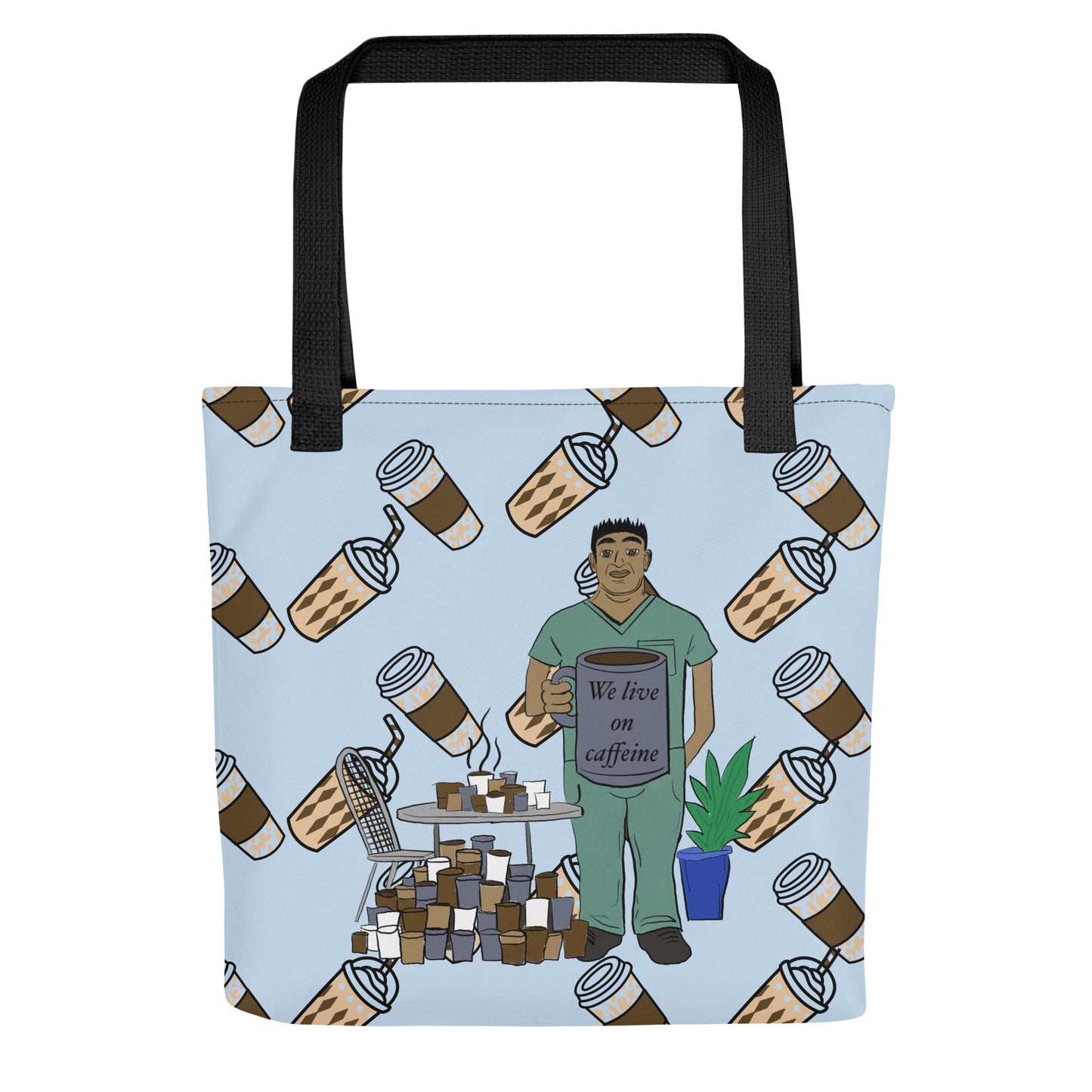 We Live on Caffeine all-over print tote bag front view with vet tech holding coffee mug and repeating coffee cups pattern – GrungePup Vet Chaos funny veterinary humor accessory