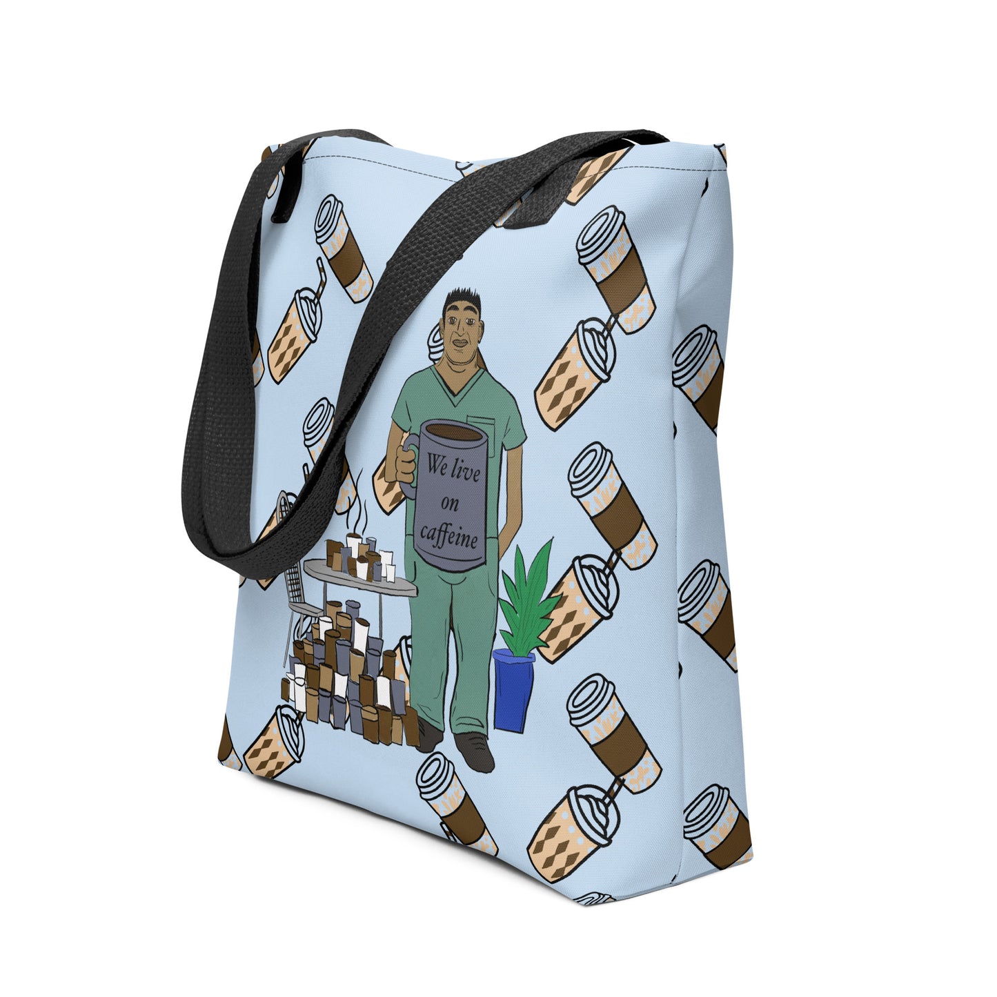 We Live on Caffeine all-over print tote bag side angle view showing wrap-around coffee and vet tech design – GrungePup Vet Chaos burnt-out vet med tote