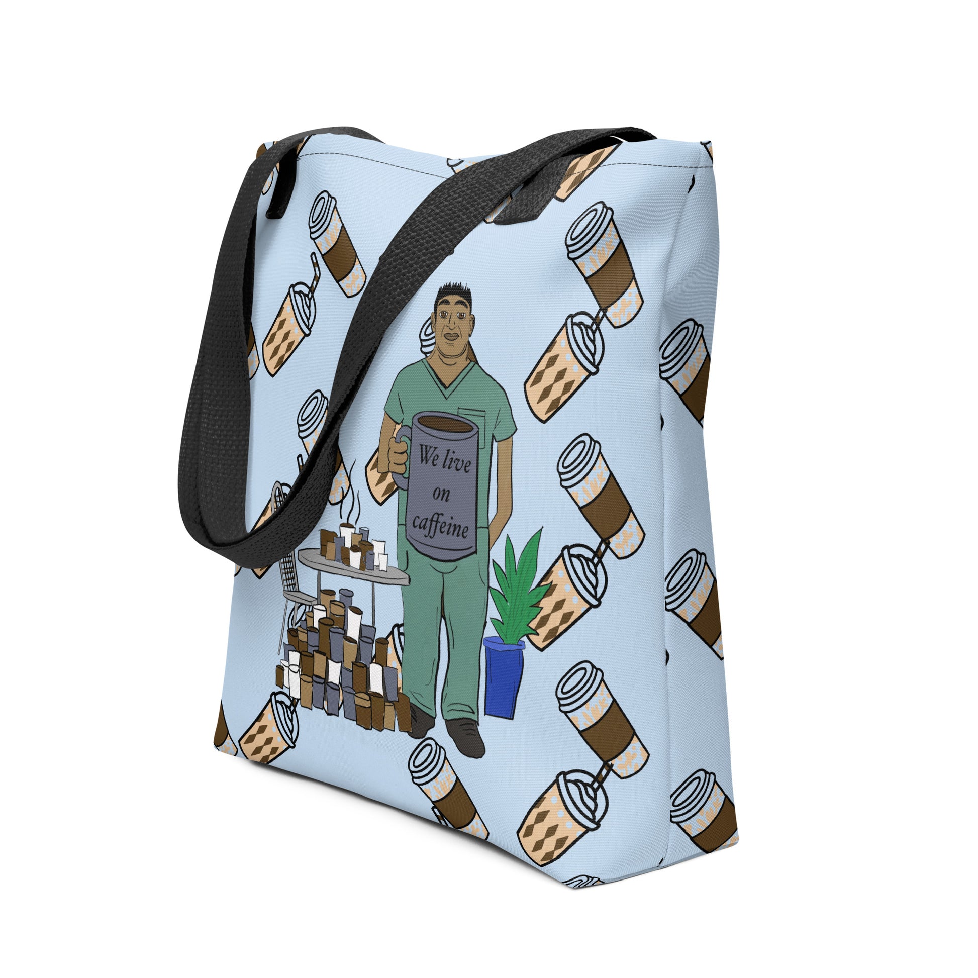 We Live on Caffeine all-over print tote bag side angle view showing wrap-around coffee and vet tech design – GrungePup Vet Chaos burnt-out vet med tote