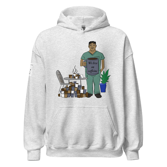 Ash "We Live on Caffeine" hoodie with vet tech and coffee cup pattern flat lay – GrungePup Vet Chaos funny vet tech burnout design