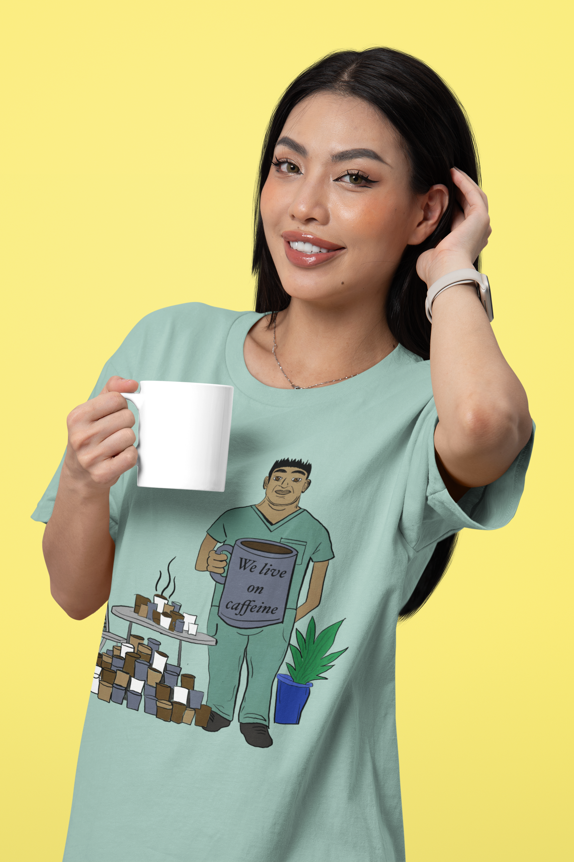 Asian woman posing in studio wearing heather prism dusty blue We Live on Caffeine t-shirt holding white coffee mug – GrungePup Vet Chaos funny veterinary humor