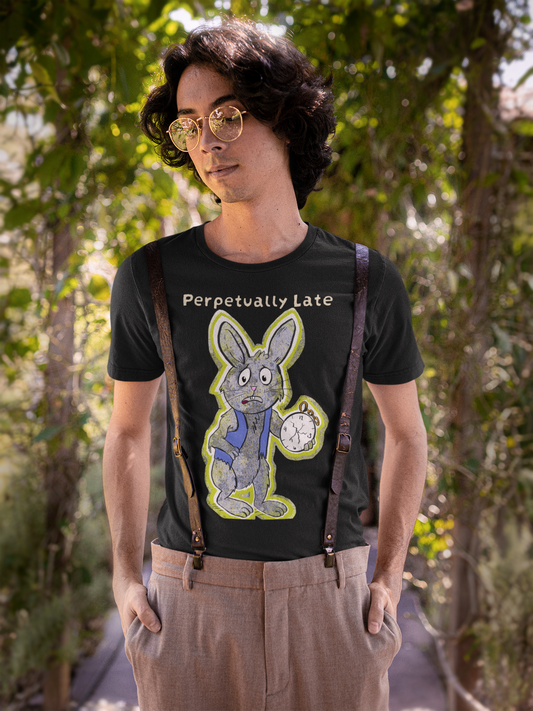 Man with dark wavy hair and gold glasses wearing a black White Rabbit Perpetually Late t-shirt with suspenders, standing on a tree-lined path. GrungePup That Girl, Alice.